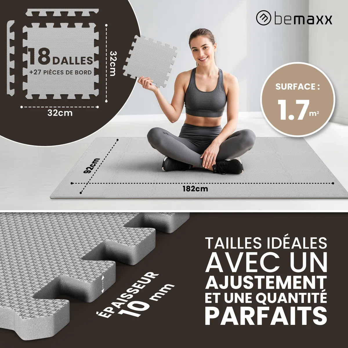 Tapis de Fitness Protection de Sol Salle de Sport - Dalles en Mousse sans BPA + Bordures | Matelas Puzzle Tatami EVA Caoutchouc pour Matériel Gym Banc de Musculation Course Garage Piscine Isolation