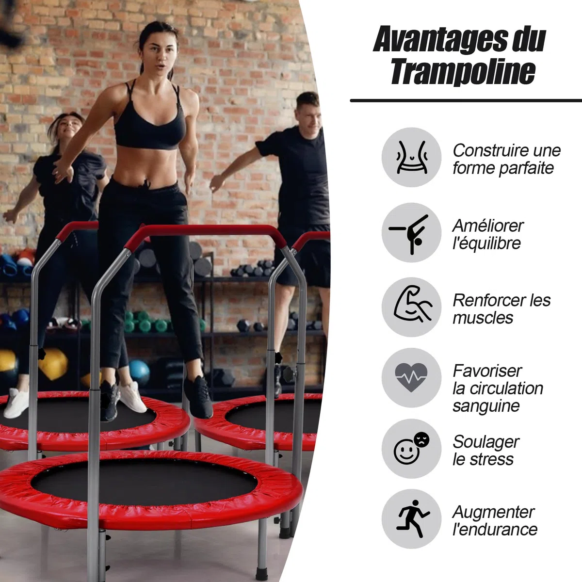 GYMAX Trampoline de Fitness Pliable avec Poignée Réglable à 4 Niveaux, Ressorts en Acier Renforcés, Couverture Rembourrée, Sac de Transport, Trampoline de Loisirs pour Adultes/Enfants (Rouge)