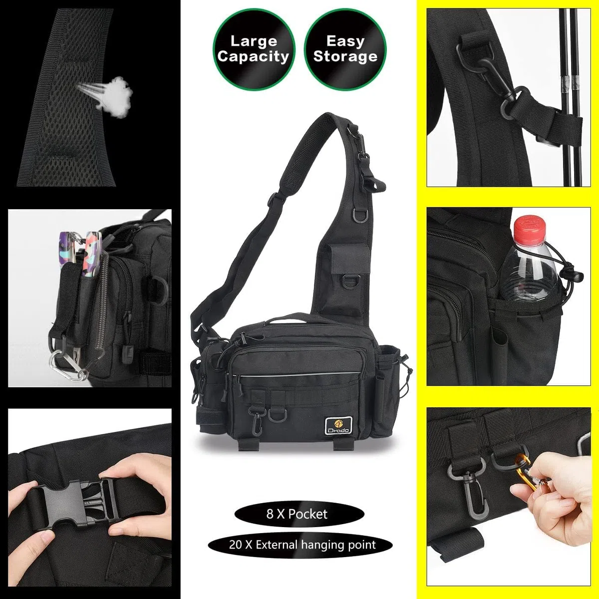 drado Sac de pêche à bandoulière, Sac à Dos Tactique, Sac à Dos de pêche imperméable et résistant à l'usure pour Accessoires de pêche(Noir)