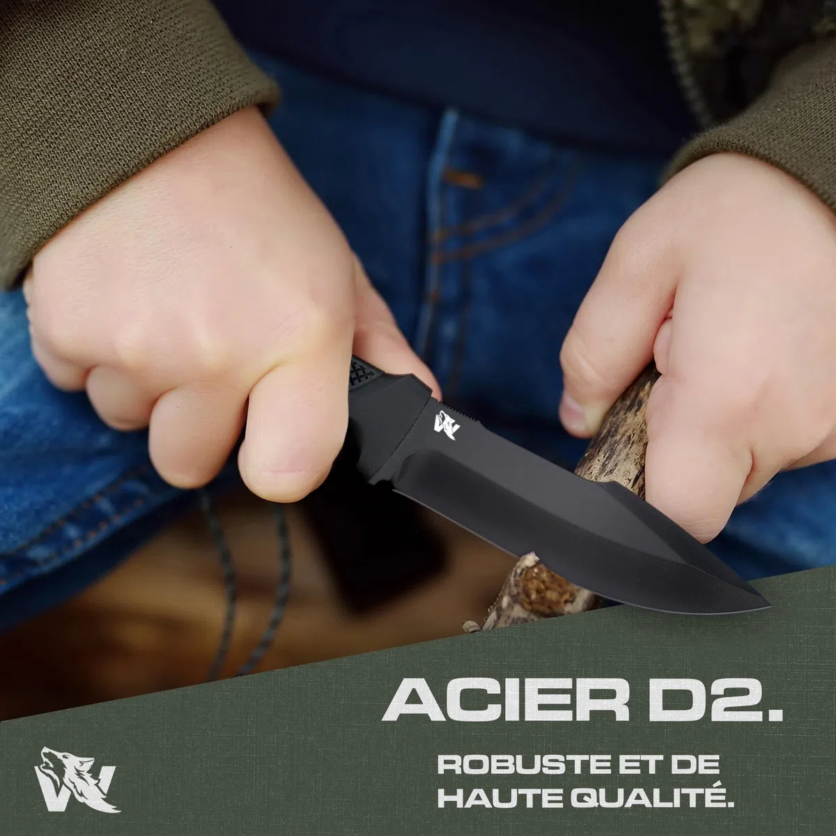 Wolfgangs W-Kids – Couteau de bushcraft Enfant en Acier D2 – Set Outdoor avec étui + Allume-feu – Couteau de Survie pour Enfants – Parfait pour la première Aventure en Plein air