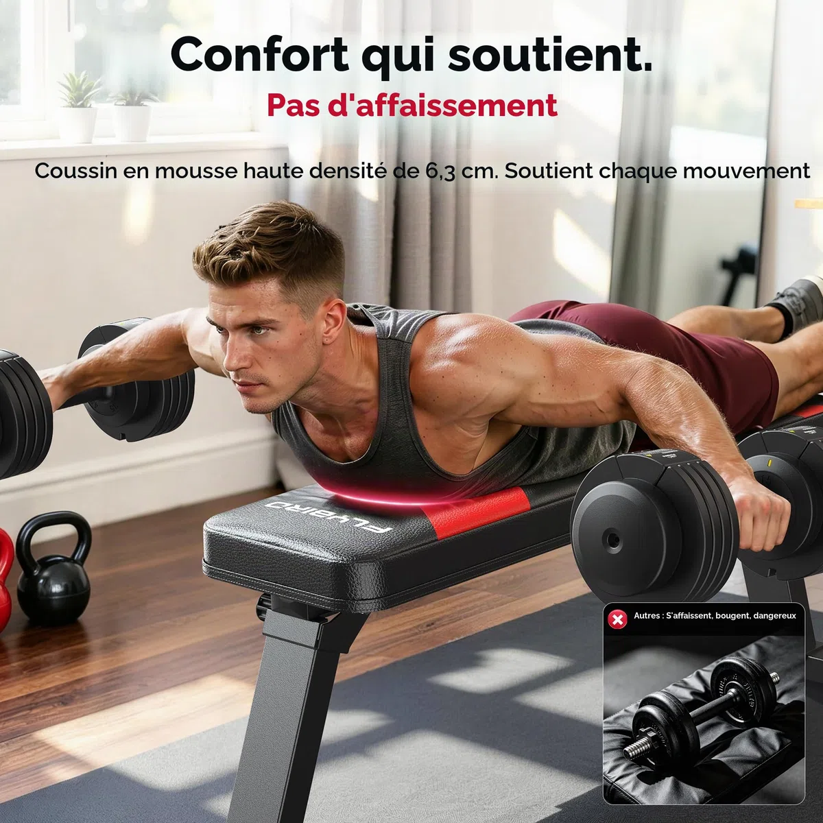 FLYBIRD Banc Plat, Banc Plat Pliable pour Haltères, Stable pour Tous Types d’Entraînement enForce & Développé Couché, Facile à Assembler pour Domicile, 300kg Capacité Max