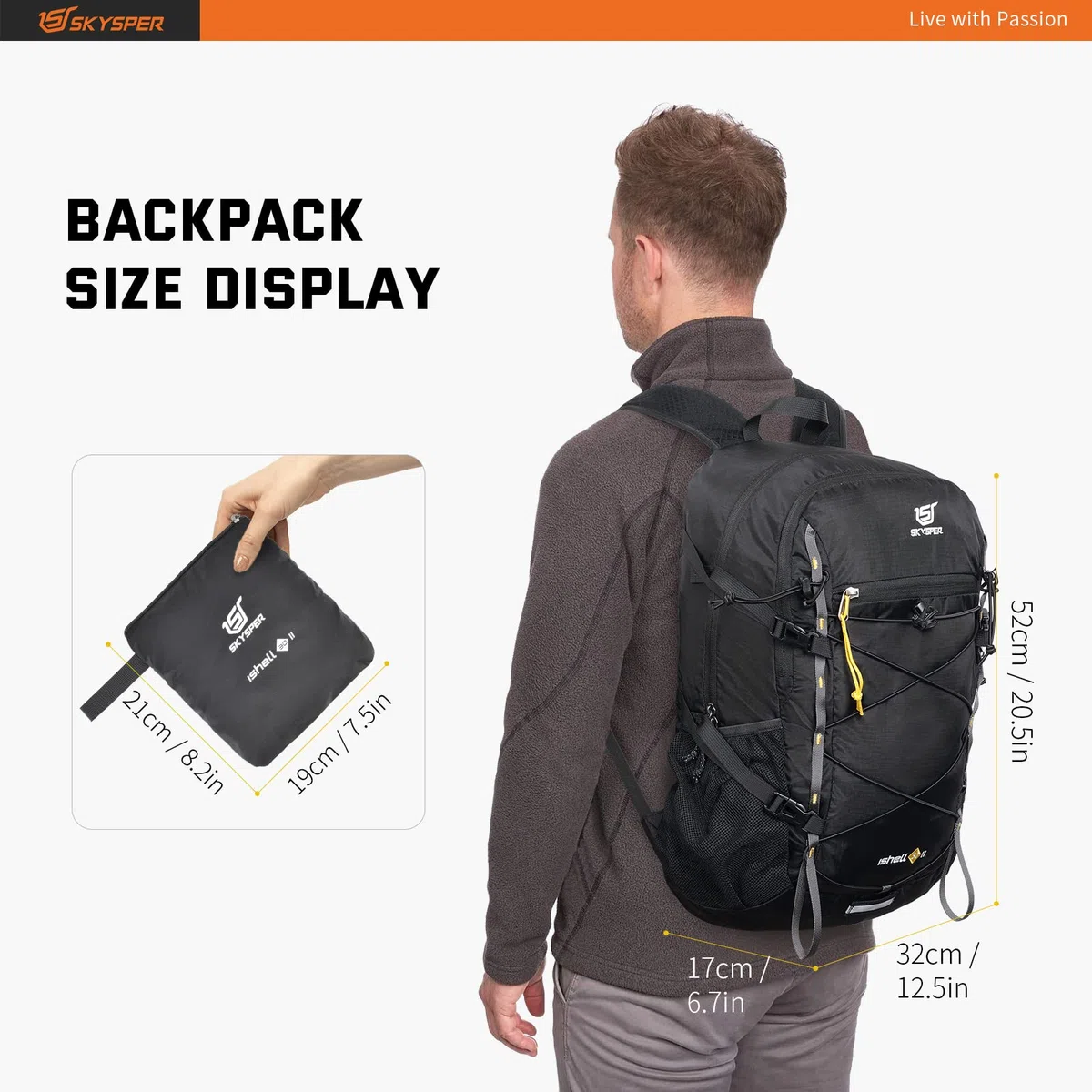 SKYSPER Sac à Dos 30L pour Femme et Homme Ultra Léger Sac à Dos de Randonnée Camping Résistant Sac à Dos Loisir Unisexe Sac à Dos Voyage Sports de Plein Air