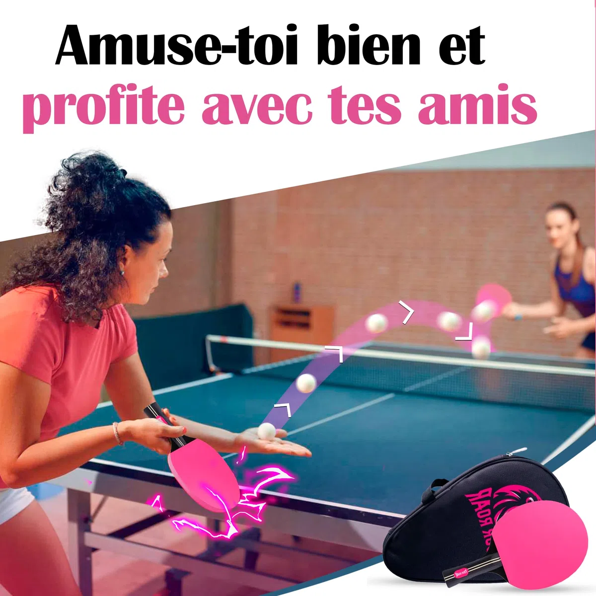 Raquette de ping pong rose avec 7 couches