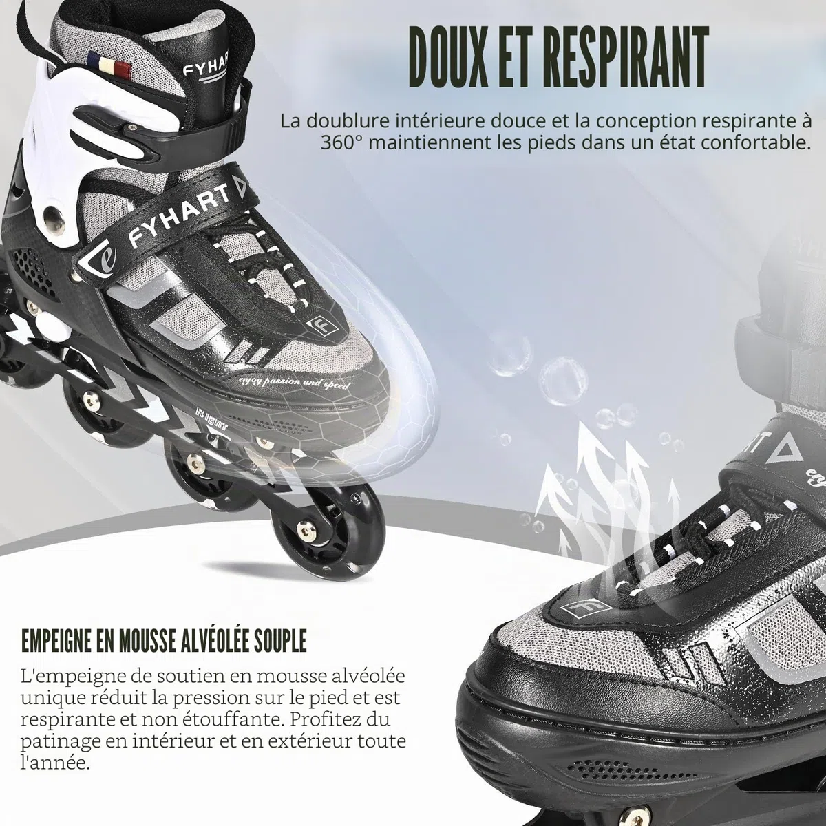 Réglables Patins à roulettes en Ligne pour garçons et Filles, Patins à roulettes à 4 Roues pour Adolescents et Adultes avec Roues Lumineuses pour Les Sport, Noir Blanc