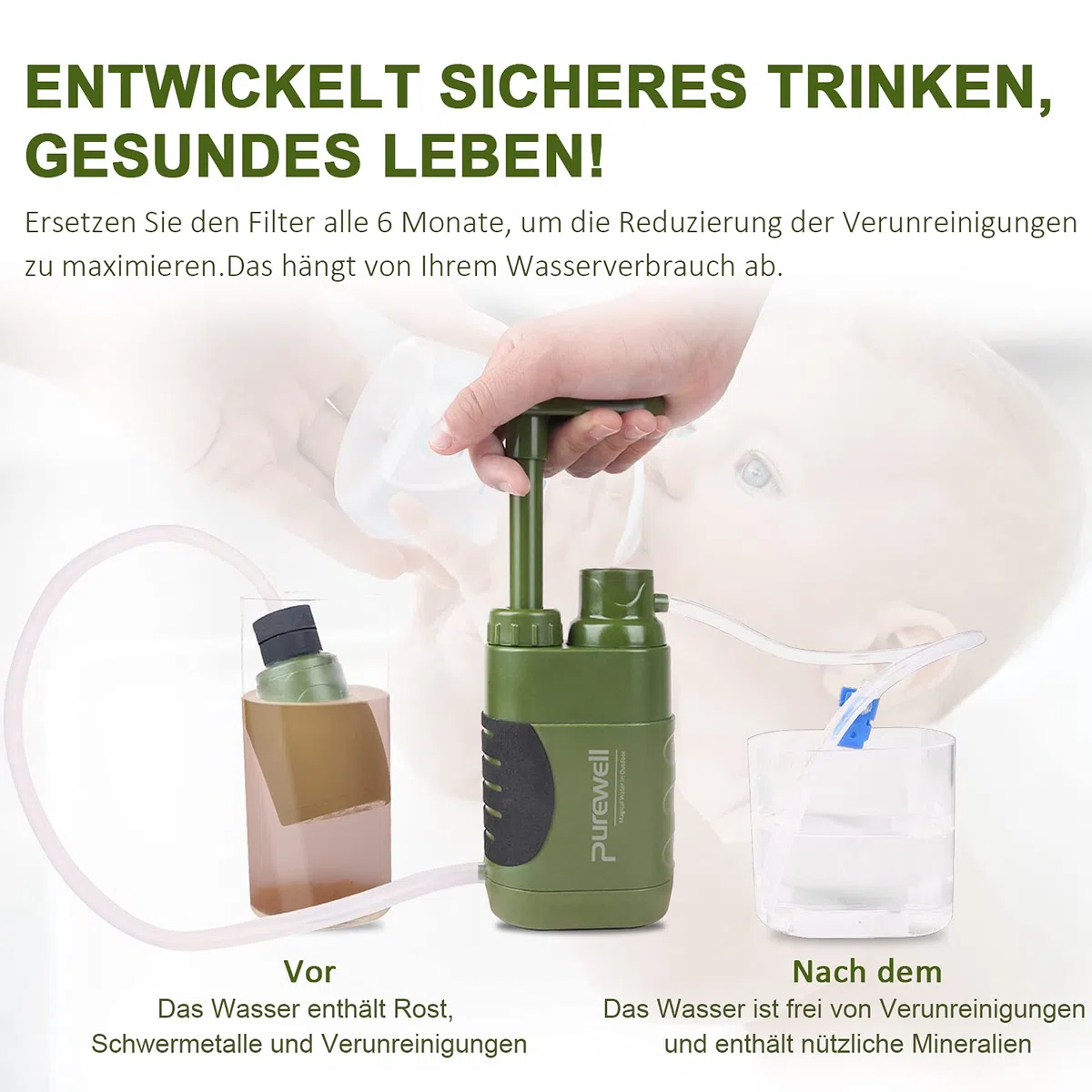 Purewell Pompe Filtrante à Main 0.01 Micron - Filtre à Eau Portable Élimine 99.999% des Bactéries - pour Randonnée, Camping, Voyage et Survie