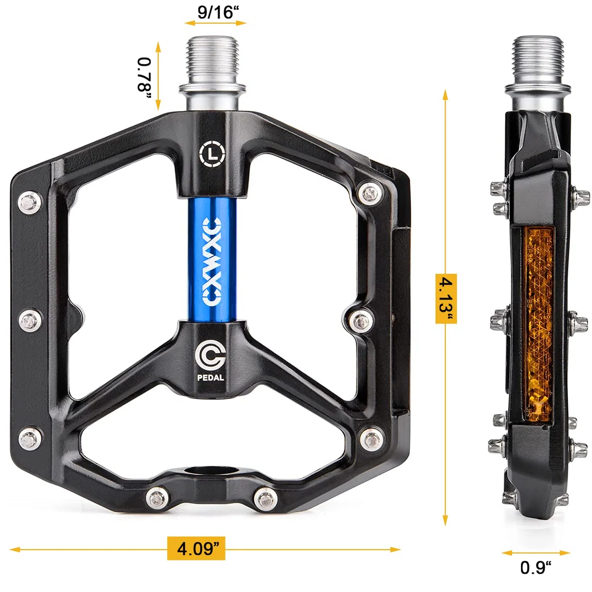 CXWXC Pédales de vélo avec 3 réflecteurs et Couche scellée en Alliage d'aluminium - Large Plate-Forme - Pédales de vélo de 9/16" - Légères - Antidérapantes pour VTT, vélo de Route