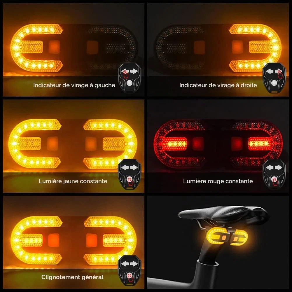 Feu Arrière de Vélo Avec Clignotants - Fendus Télécommande Sans Fil pour Le Cyclisme Rechargeable 5 Modes d'avertissement de Sécurité Lumières Stroboscopiques