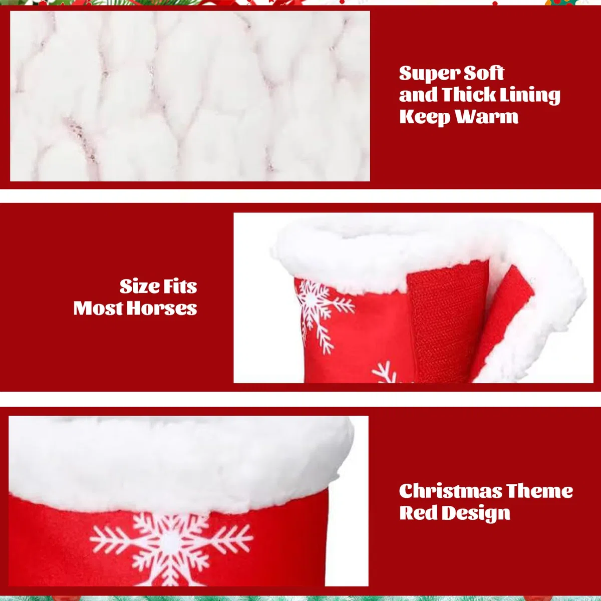 4pcs Horse jambe enveloppe de Noël sur le thème de la jambe de cheval rouge sur le thème de Noël enveloppe de la peluche épaisse douce enveloppe pour les chevaux avec du ruban de boucle et de hook