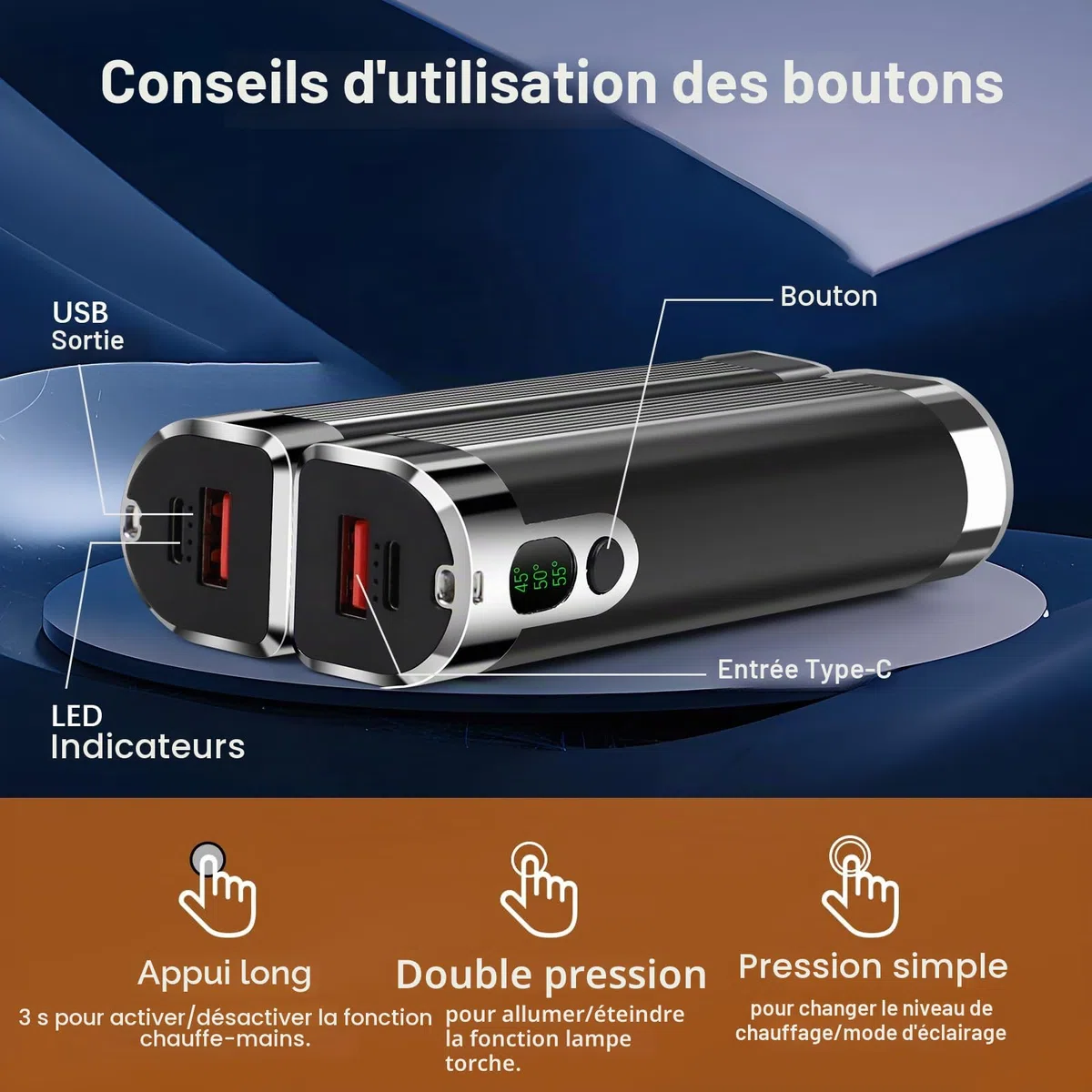 Chauffe-mains rechargeable 10 000 mAh - Chauffe-mains électrique magnétique 3 en 1 - Fonctionne avec piles USB - Avec 3 niveaux de chaleur - Cadeau d'hiver pour femme, homme, famille, camping.