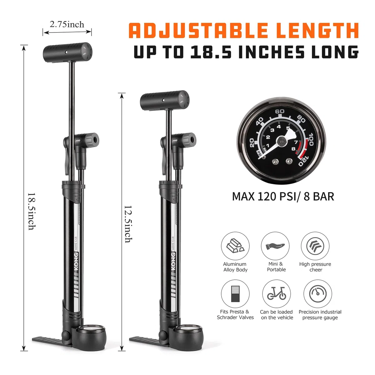 Pompe à vélo 120 PSI - Toutes Les valves compactes - pour valves Presta et Schrader et Dunlop - Mini Pompe sur Pied pour vélo de Course, VTT