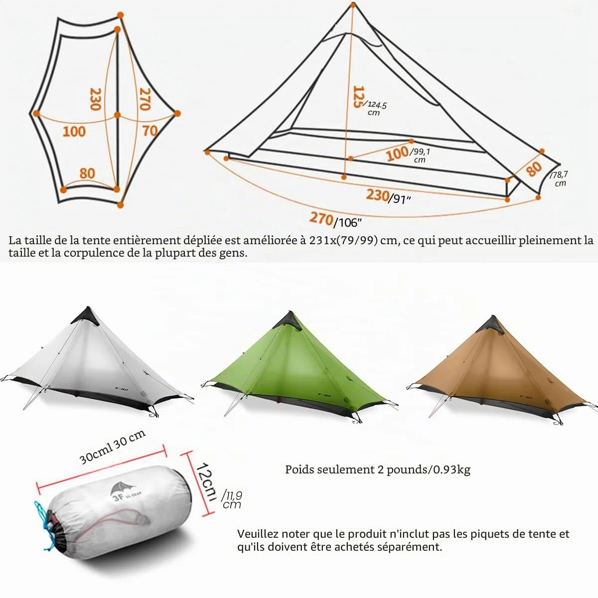 3F Lanshan1 Tente ultralégère 3/4 saisons portable pour 1 personne 15D Revêtement en silicone étanche Double couche Tente pour camping, escalade, randonnée