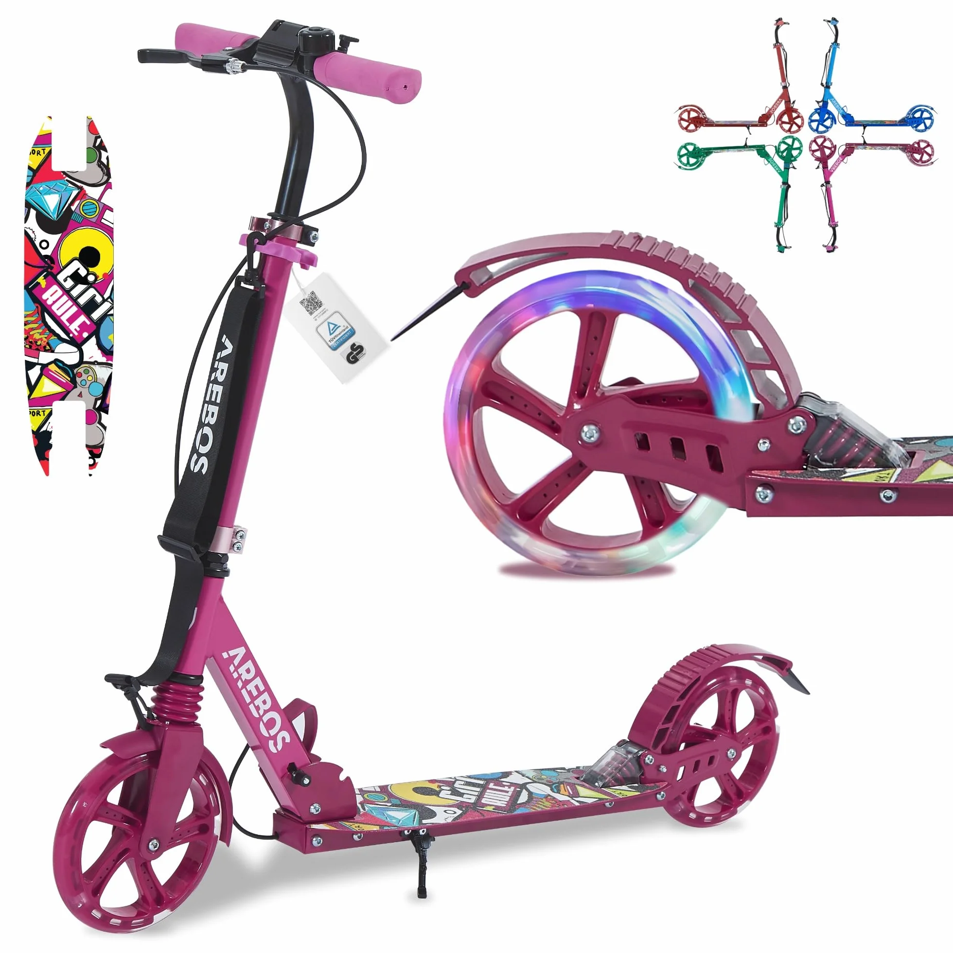 Arebos Trottinette de ville avec LED - Réglable en hauteur - Pliable - Avec Sangle de transport, frein à main et marchepied, pour enfants et adultes, charge maximale : 100 kg, trottinette