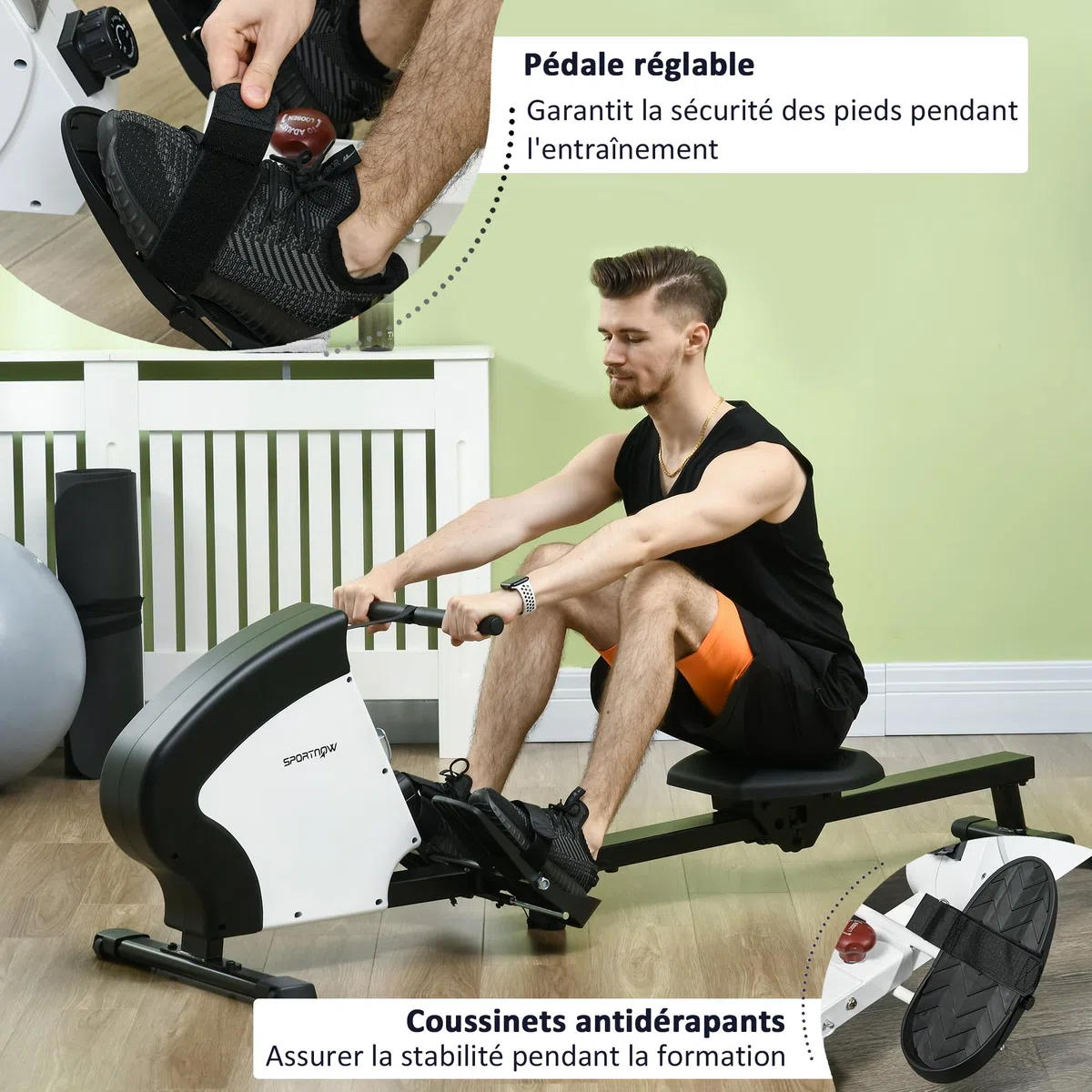 SPORTNOW Rameur d'appartement Pliable, Aosom.FR x FFHandball, avec freinage magnétique Silencieux, 8 Niveaux de résistance, écran Multifonction LCD, en Acier Noir Blanc