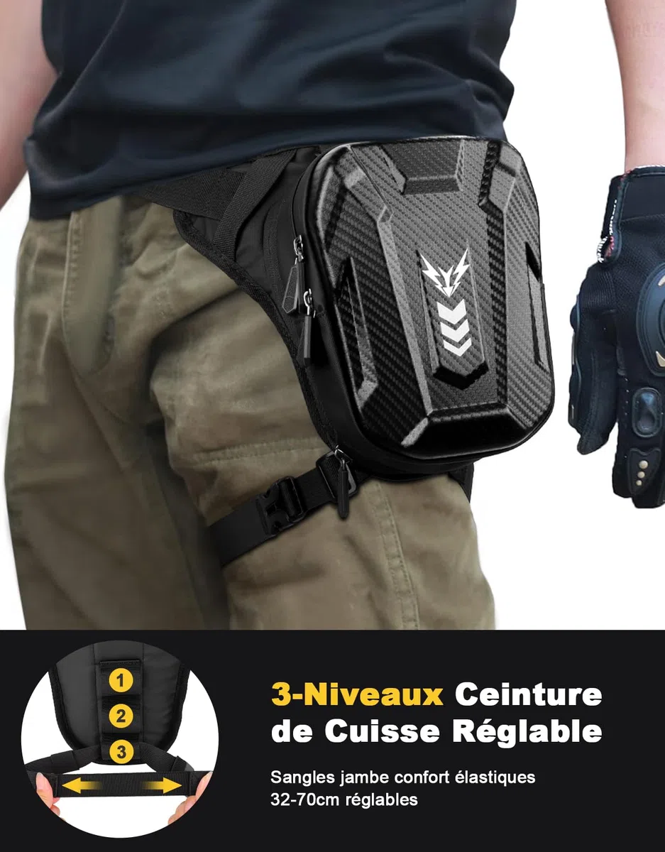 Sacoche de Jambe Moto, [Capacité Extensible] Sac Banane Pochette Ceinture Homme & Femme, Coque EVA, Bande Réfléchissante et Sangle de Jambe Réglable, Leg Pack pour Cyclisme Course Randonnée