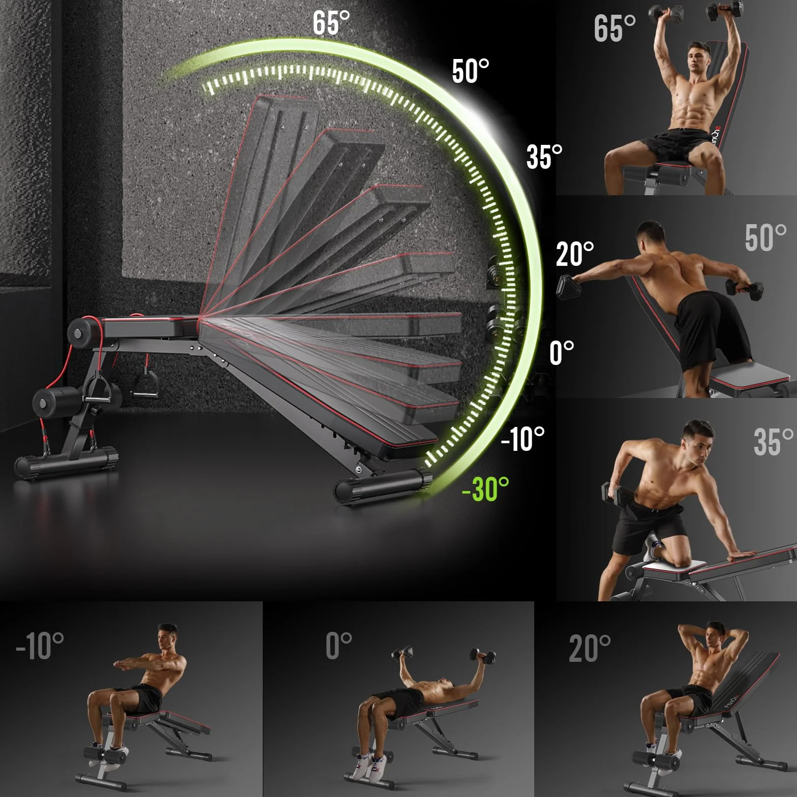 FitinOne banc de musculation pliable et réglable, banc multifonction incliné pour entraînement complet du corps, 6 en 1, pour la maison ou la salle de sport, capacité de 300 kg