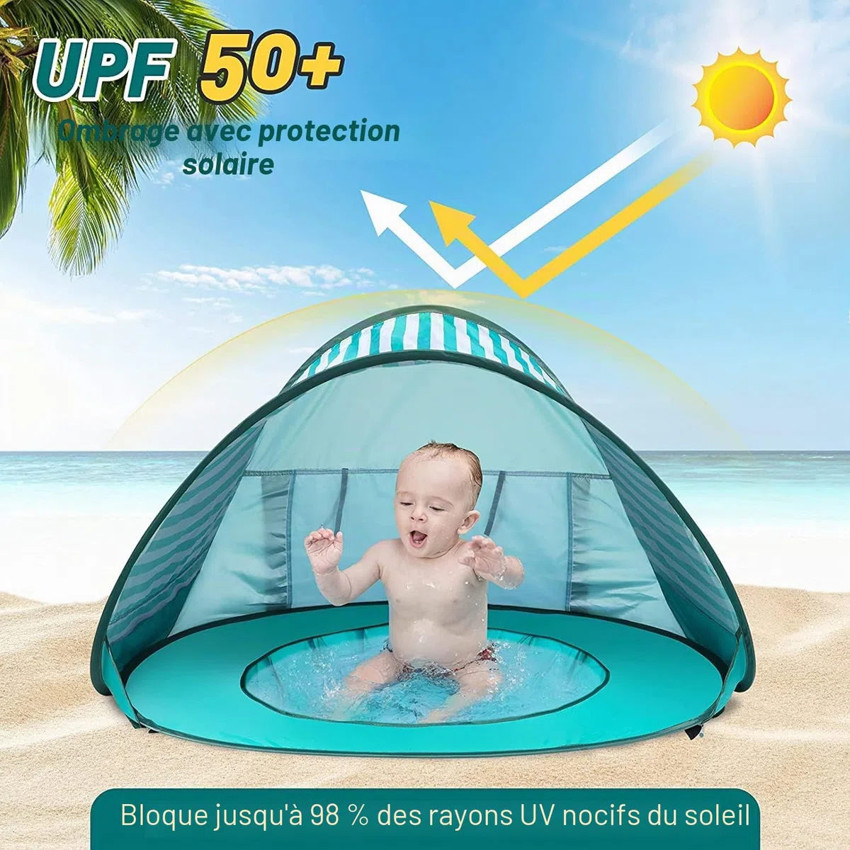 Tente de plage pour bébé - Pop Up - Tente de plage pour bébé - Avec mini piscine - Portable - Pop Up - Protection UV - Pour les tout-petits - Pique-nique - Jardin - Vert