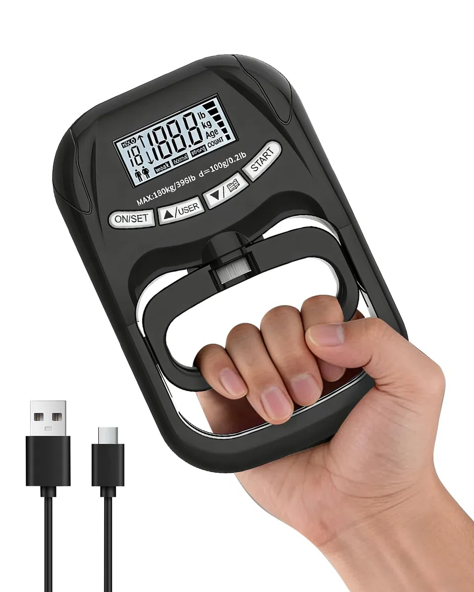 Dynamomètre Main Numérique Rechargeable USB-C, Testeur de Force de Préhension Haute Précision 180 kg, Écran LCD Intelligent, Mémoire 19 Utilisateurs, pour Sport, Rééducation et Santé