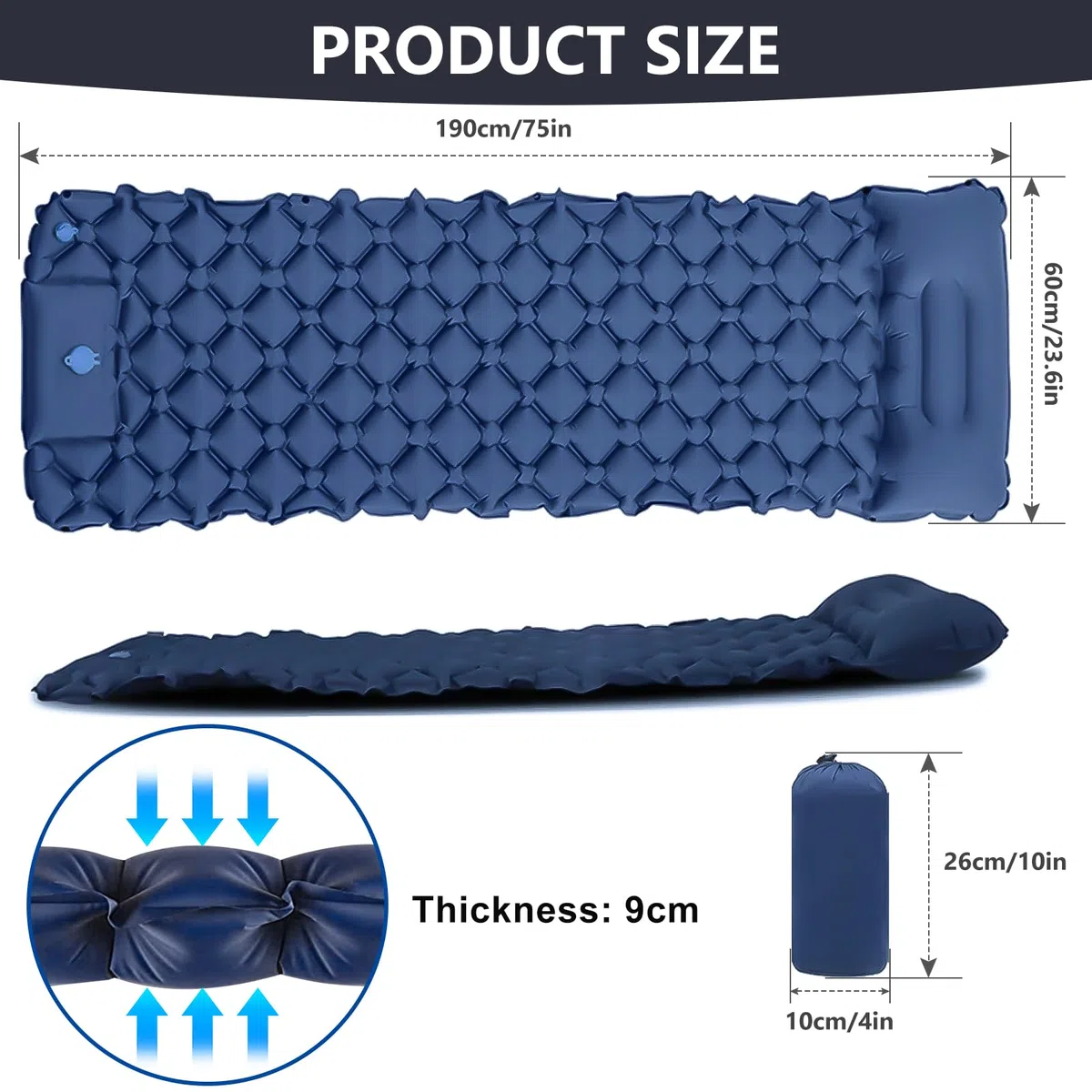 SUNOYA Matelas de camping auto-gonflant - 60 x 190 cm - Auto-gonflant - Avec oreiller intégré - Pour l'extérieur, la randonnée, la tente, bleu marine