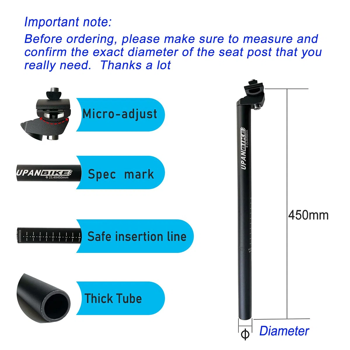 UPANBIKE 450mm Tige de Selle pour vélo 25.4mm 27.2mm 28.6mm 30.4mm 30.9mm 31.6mm en Alliage d'aluminium avec Un Collier Micro-Ajustable