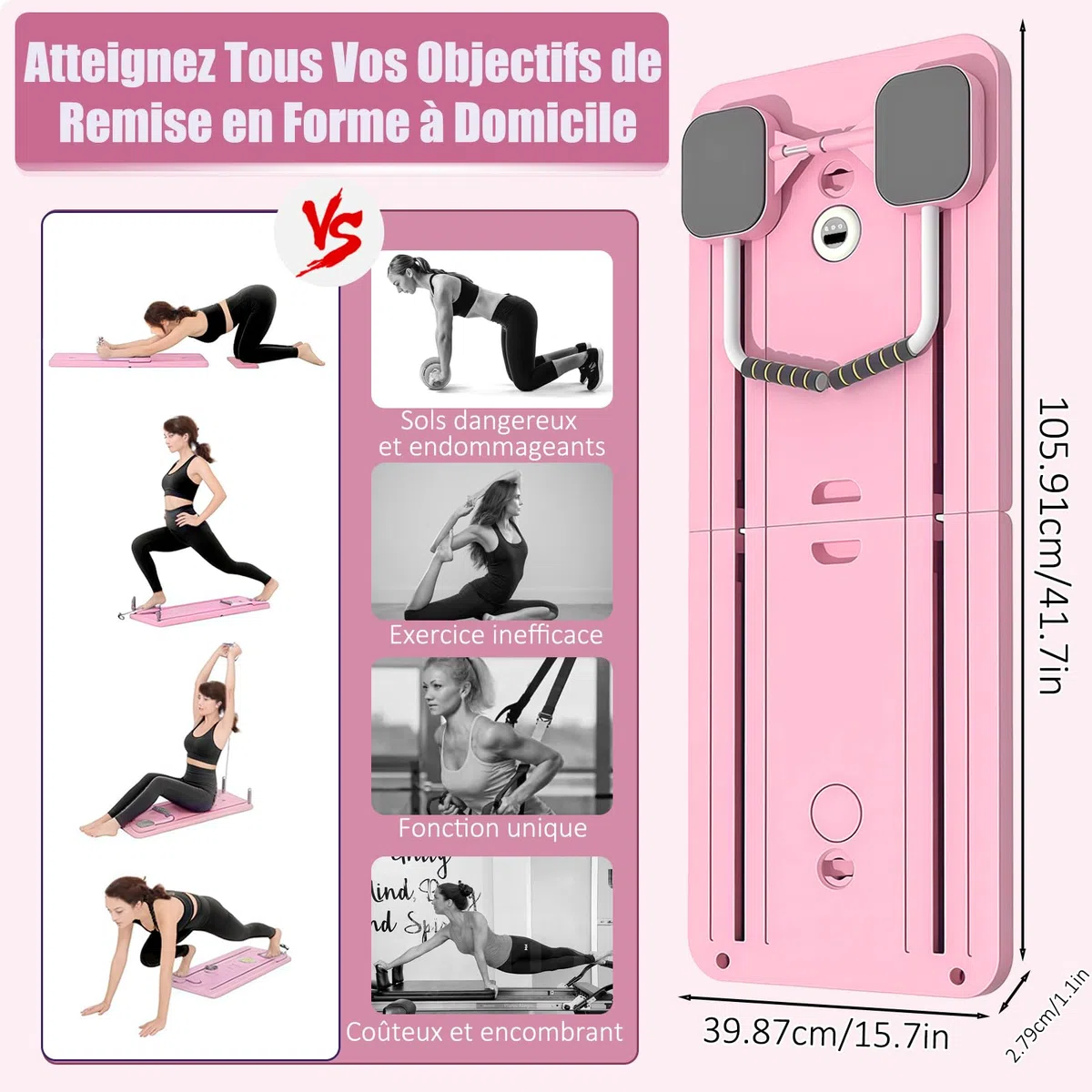 Pilates Board, 5 en 1 Pilates Reformer avec Roue Abdominale à Rebondissement Automatique et Minuterie, AB Roller Machine Pliable Multifonctionnel pour la Maison et la Salle de Sport