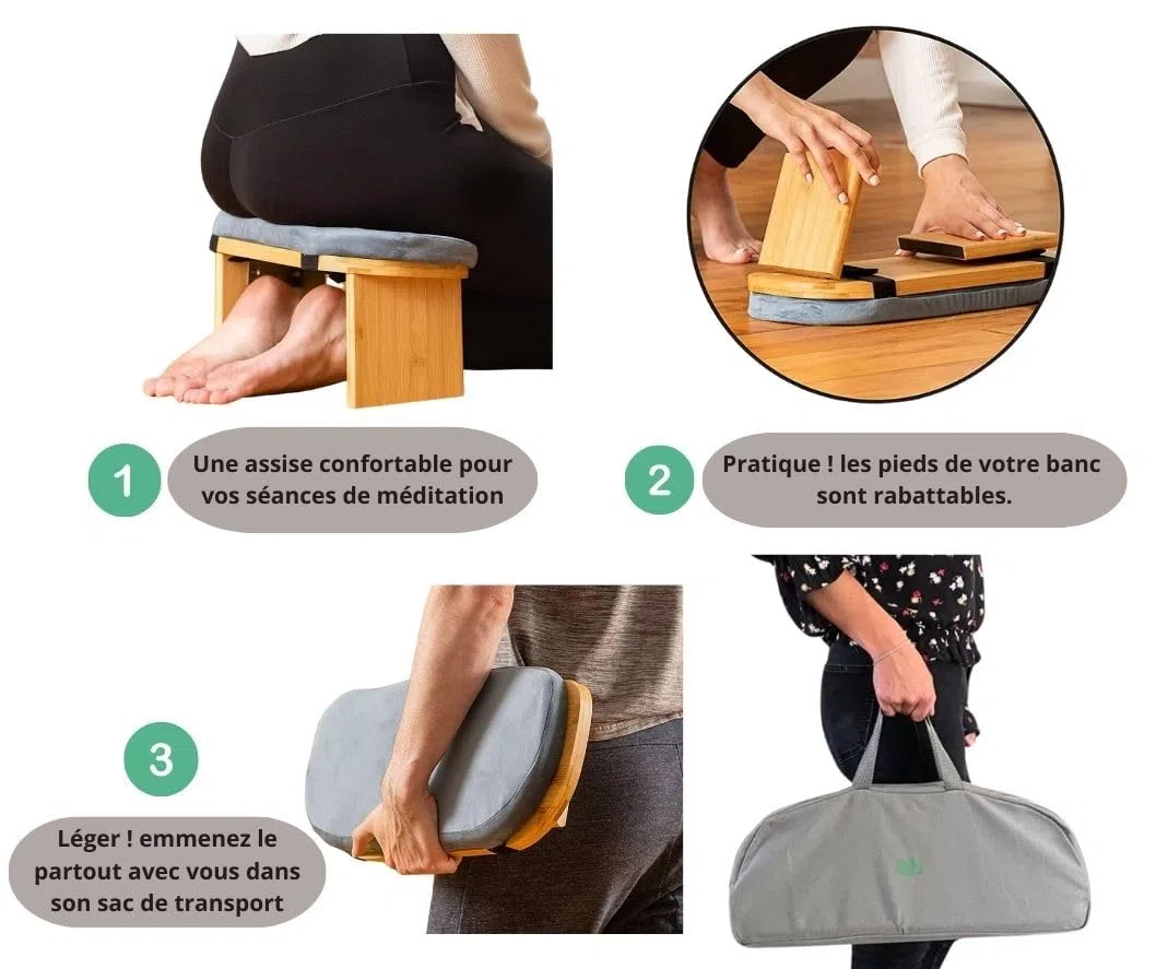 Banc de méditation Pliable Gris Lotus avec Coussin et Sac