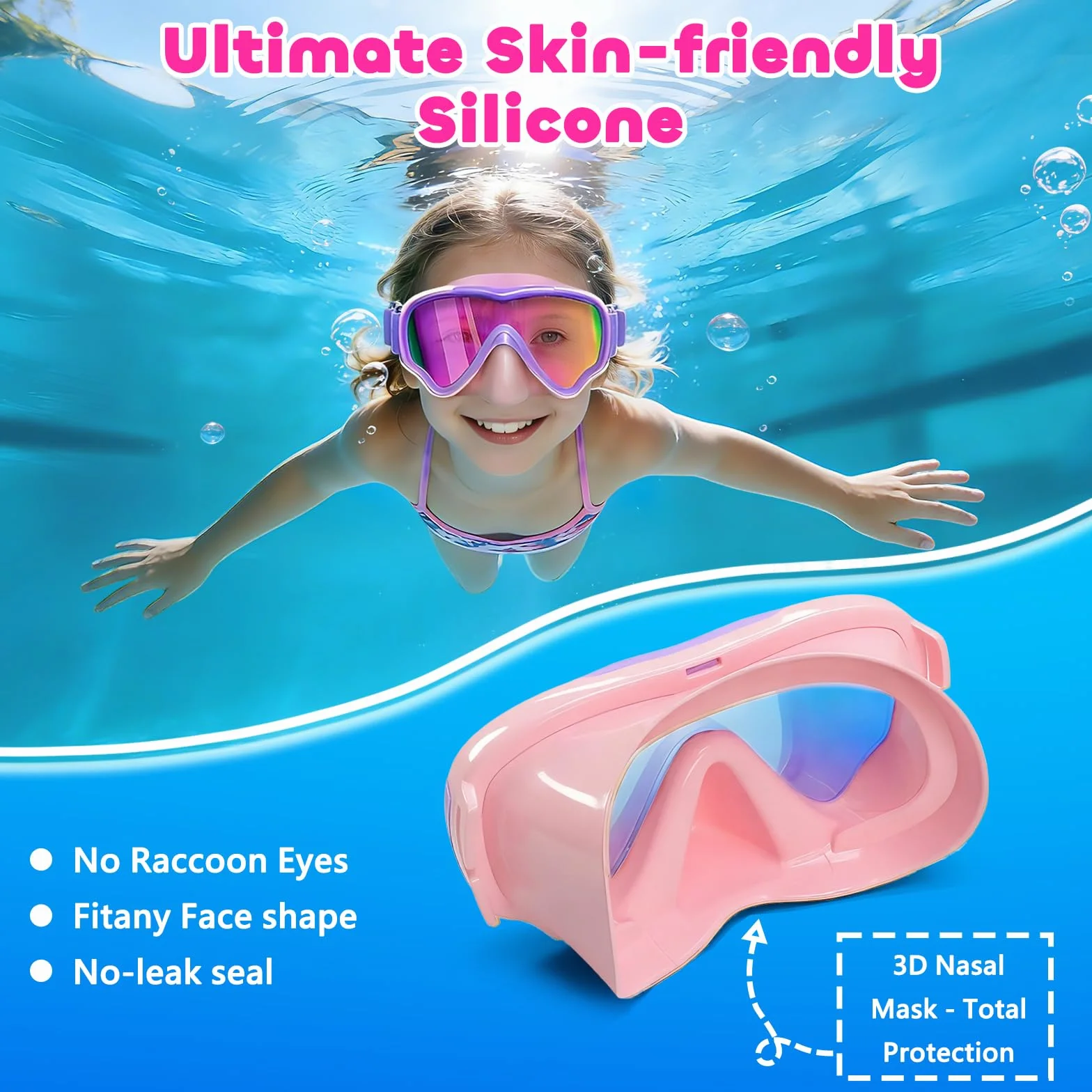 Lunette de Piscine Enfant avec Protection UV et Sangle en Tissu Doux, MOMUSE Masque de Plongée Enfant avec Couvercle de Nez 3D, Lunettes de Natation pour Garçons et Filles de 4 à 14 Ans