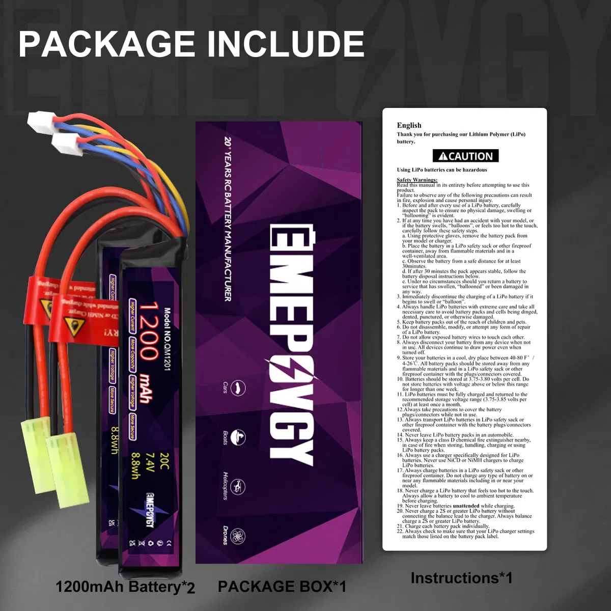 2S Lipo 2096 Lot de 2 batteries rechargeables au lithium polymère 7,4 V 1200 mAh 20 C avec mini prise TMY pour pistolets Airsoft