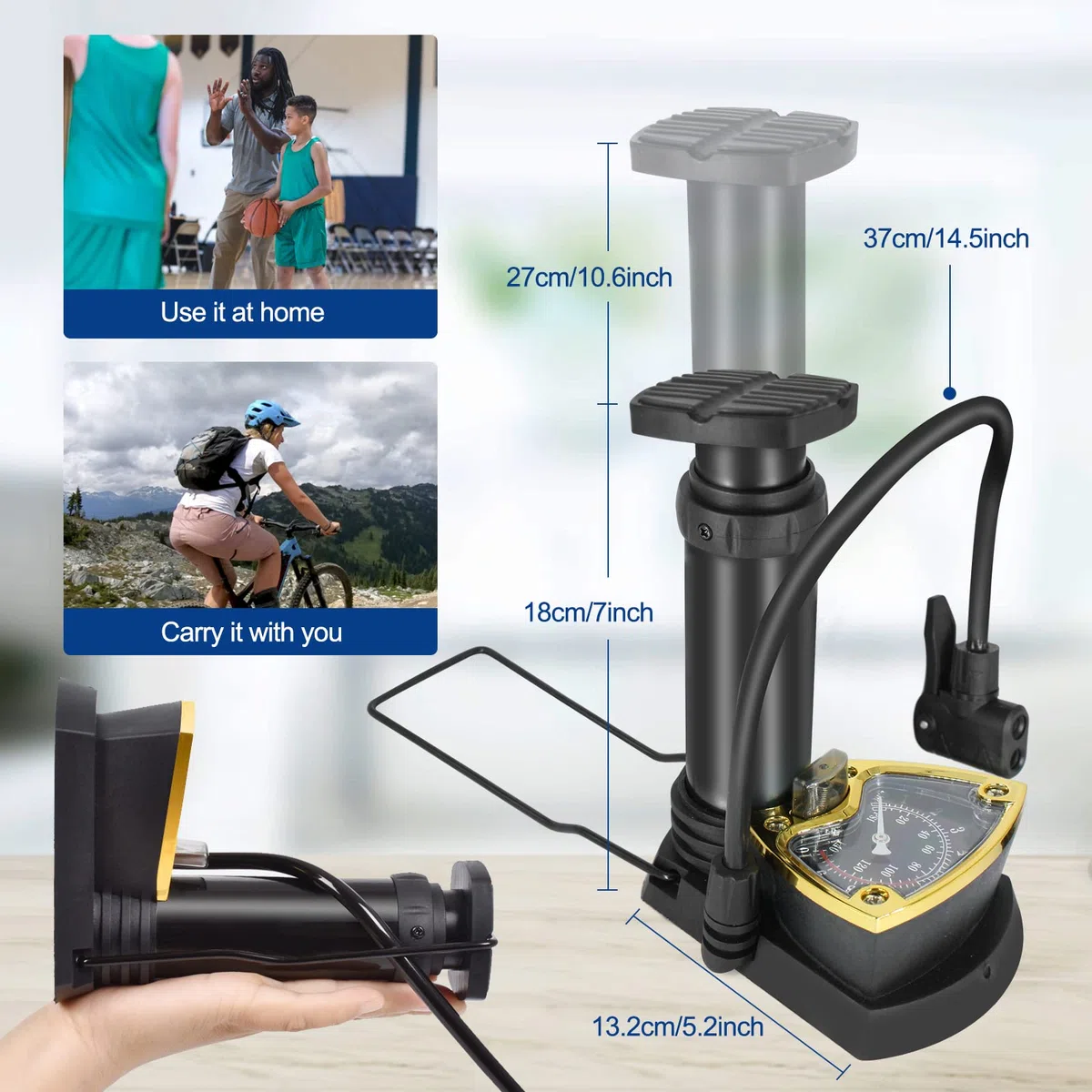 Mini Pompe à vélo, Pompe à Vélo à Pied Portable, avec Manomètre 11BAR/160PSI, pour valves AV/DV/SV, pour Vélos, Balle, Anneau de Natation (3 Aiguilles à Air)