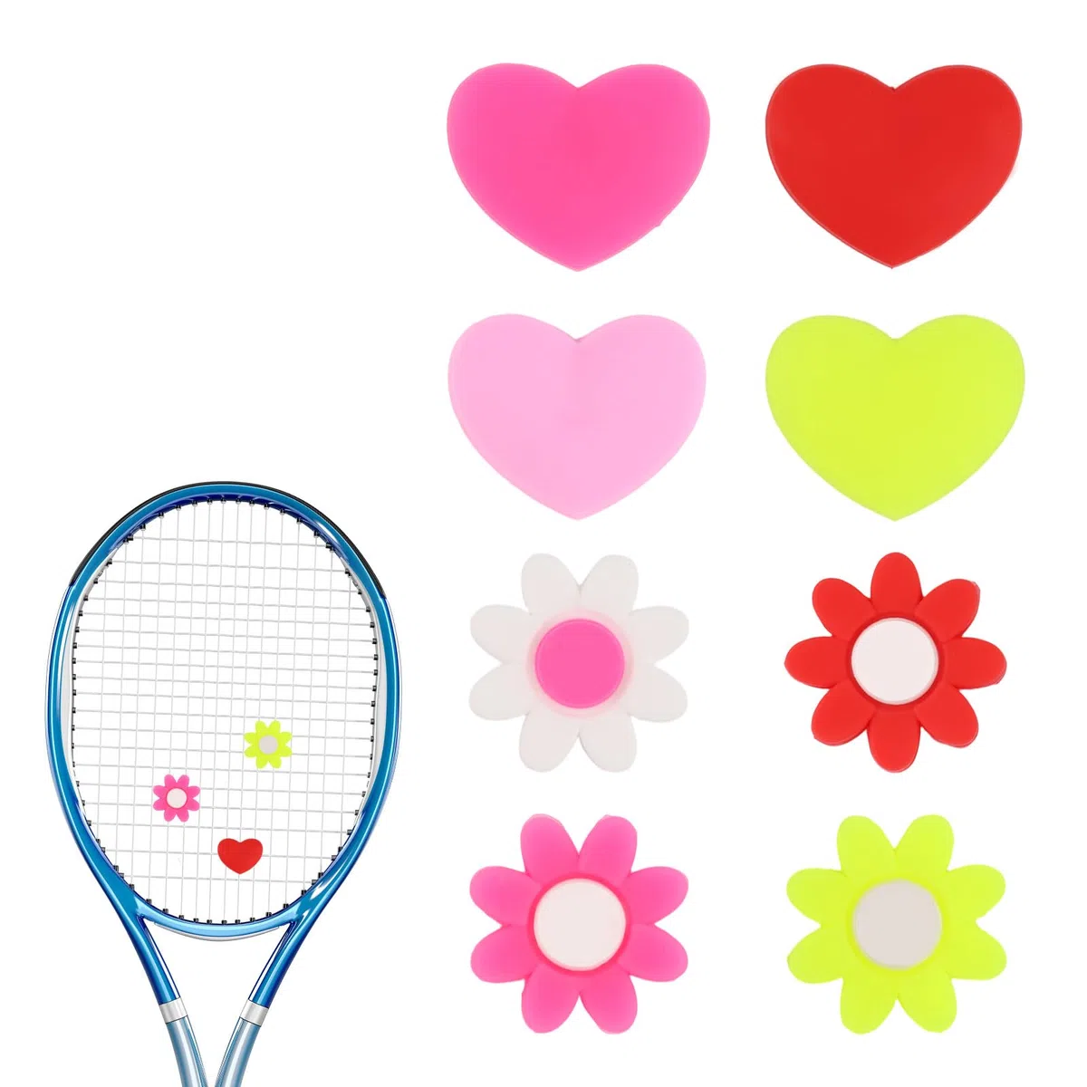 lasuroa 8pcs Amortisseurs Raquette Tennis, Raquette Tennis Silicone Forme Cœur et Fleur Amortisseur Vibrations Accessoires et Cadeaux Pratiques