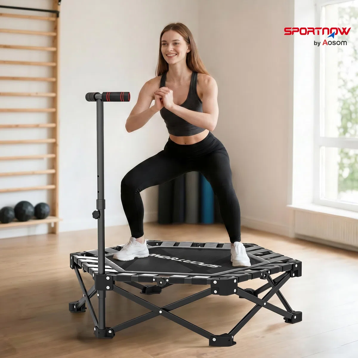 SPORTNOW Trampoline de fitness pliable - Ø104 cm - Mini trampoline avec mécanisme de pliage rapide - Poignée réglable en hauteur 3 positions - Sac de transport - Trampoline silencieux pour intérieur
