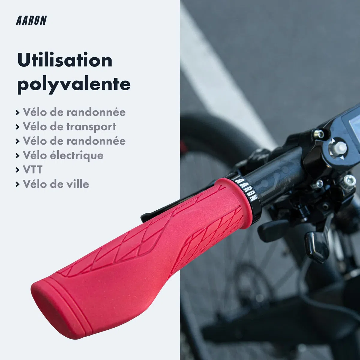 AARON Fit Poignées de vélo avec Surface d'appui amortissante – Poignées de Guidon ergonomiques en Caoutchouc antidérapant – Poignées Douces pour vélo électrique, vélo de Trekking, VTT, vélo de