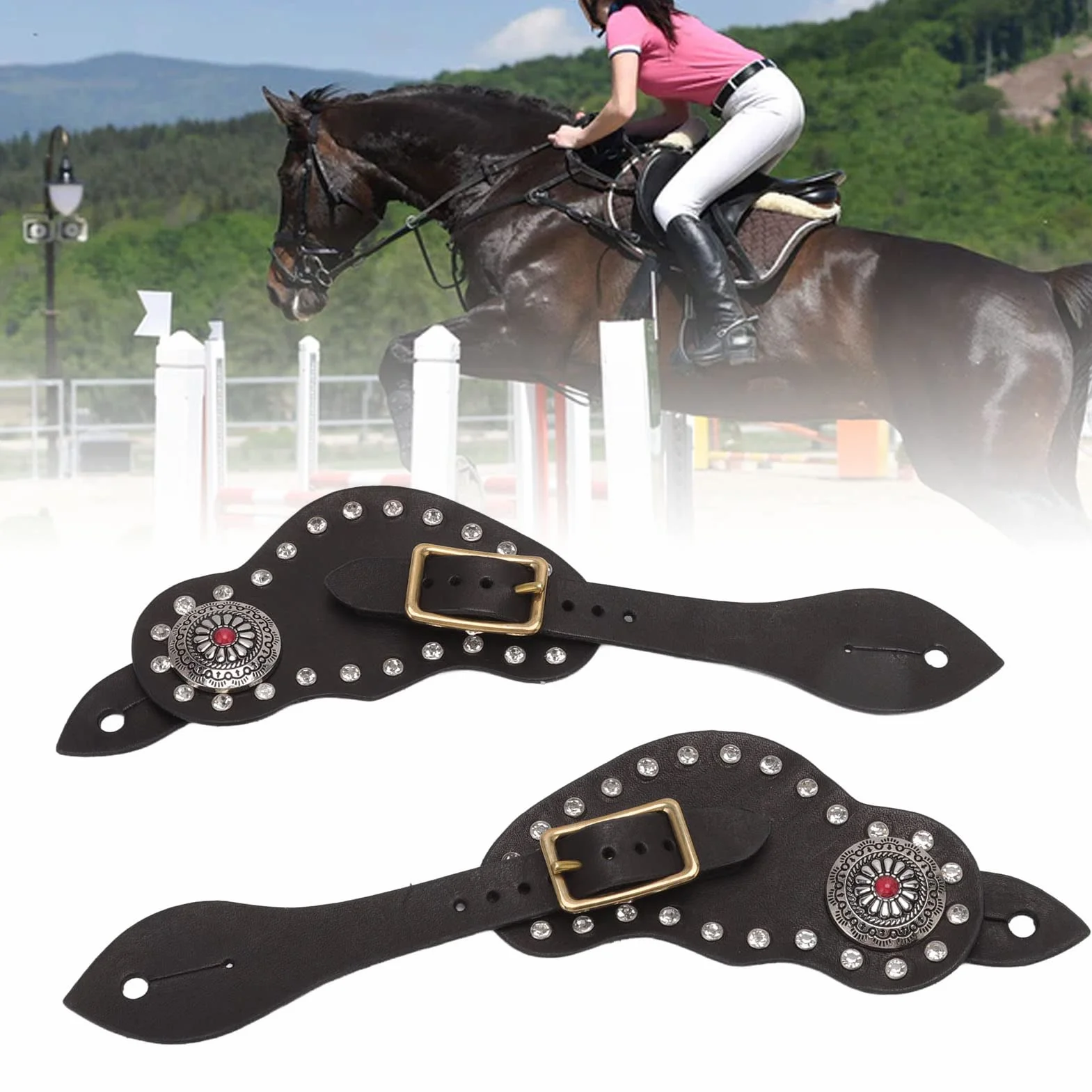 1 Paire de Sangle d’éperon en Cuir avec Strass, Style Western Vintage, Ceinture d’éperon pour l’équitation avec Boucle en métal, Sangle en Cuir de Vache réglable pour Bottes
