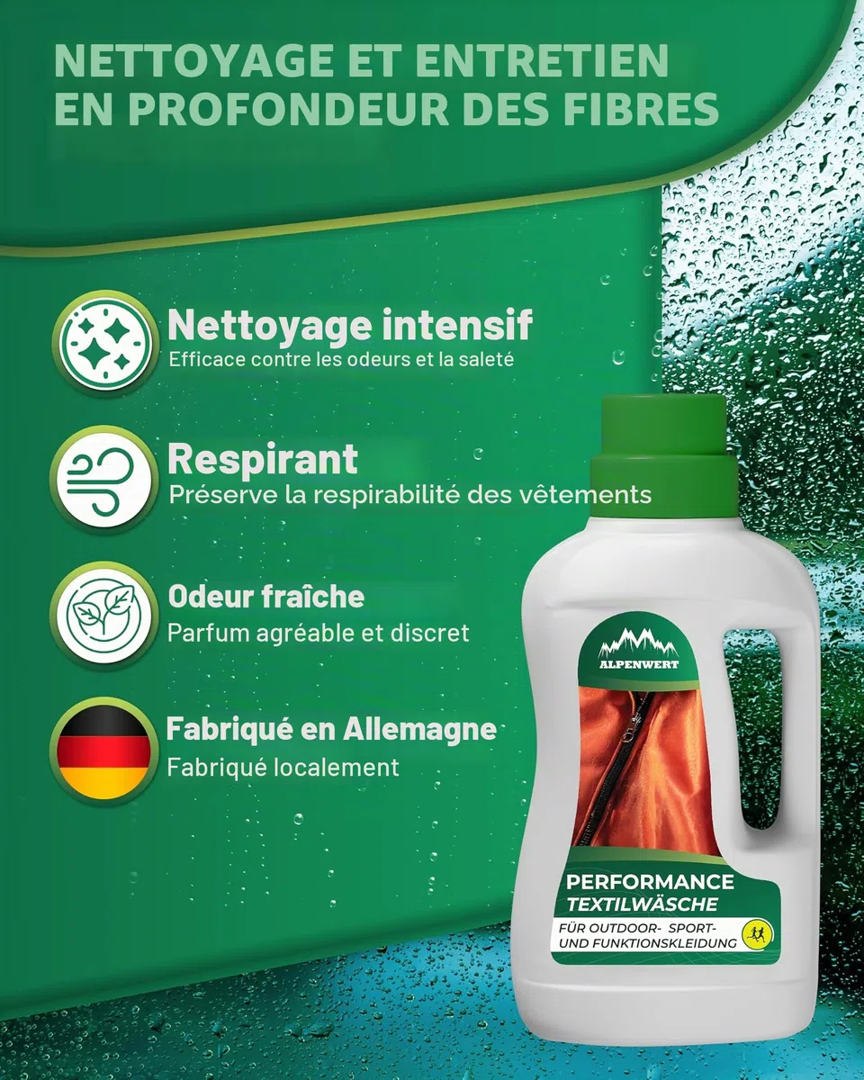 ALPENWERT Imperméabilisant 500 ml + lessive 500 ml [Fabriqué en Allemagne] – Imprégnation de lavage & lessive de sport pour vêtements d'extérieur, de ski et de fonction – Gore-tex UVM Impränier