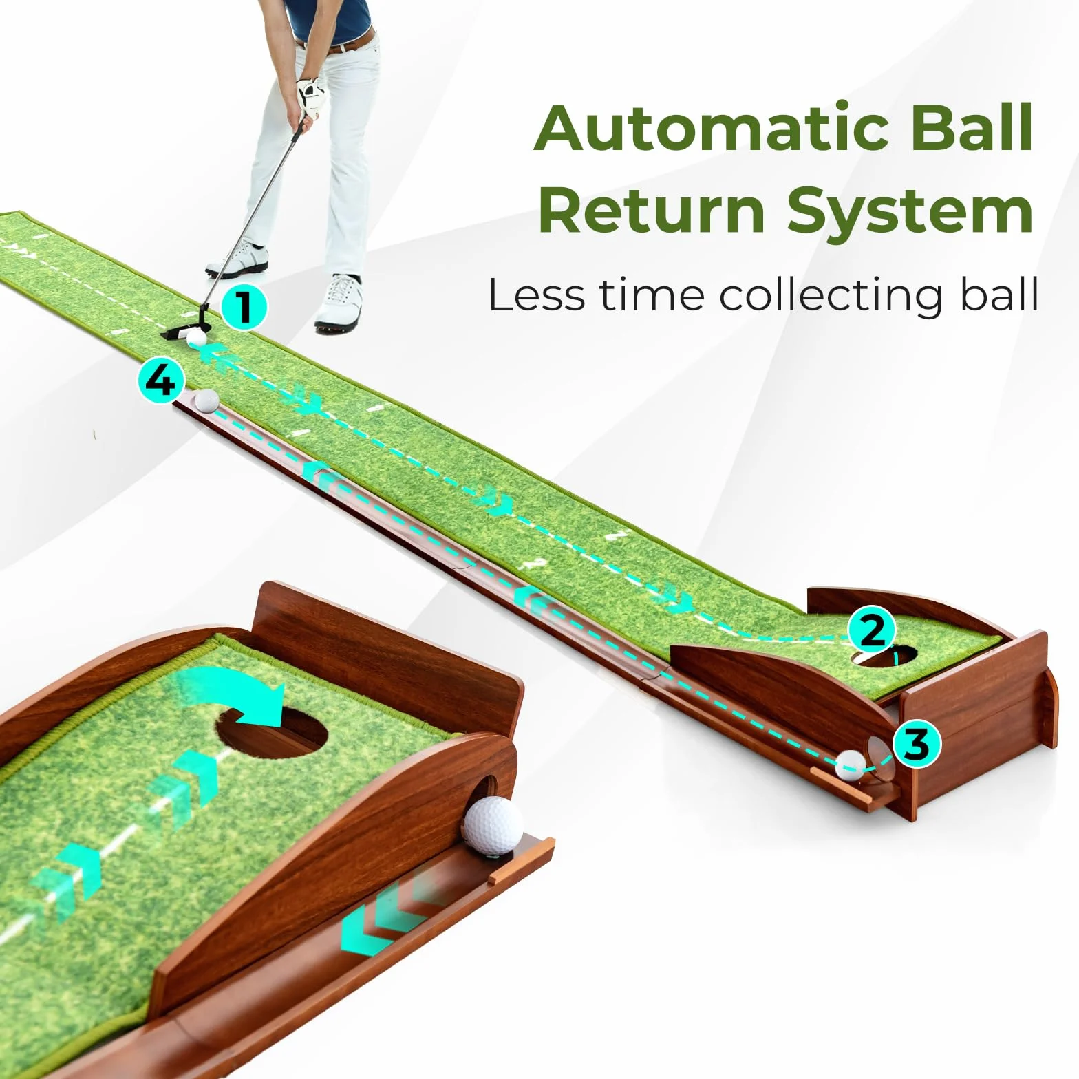LIFEZEAL Tapis de Putting de Golf avec 1/2/3 Trous et Retour Automatique, Tapis d'Entraînement de Golf avec Boche, Enroulable et Portable, 3 Balons de Golf, Intérieur et Extérieur