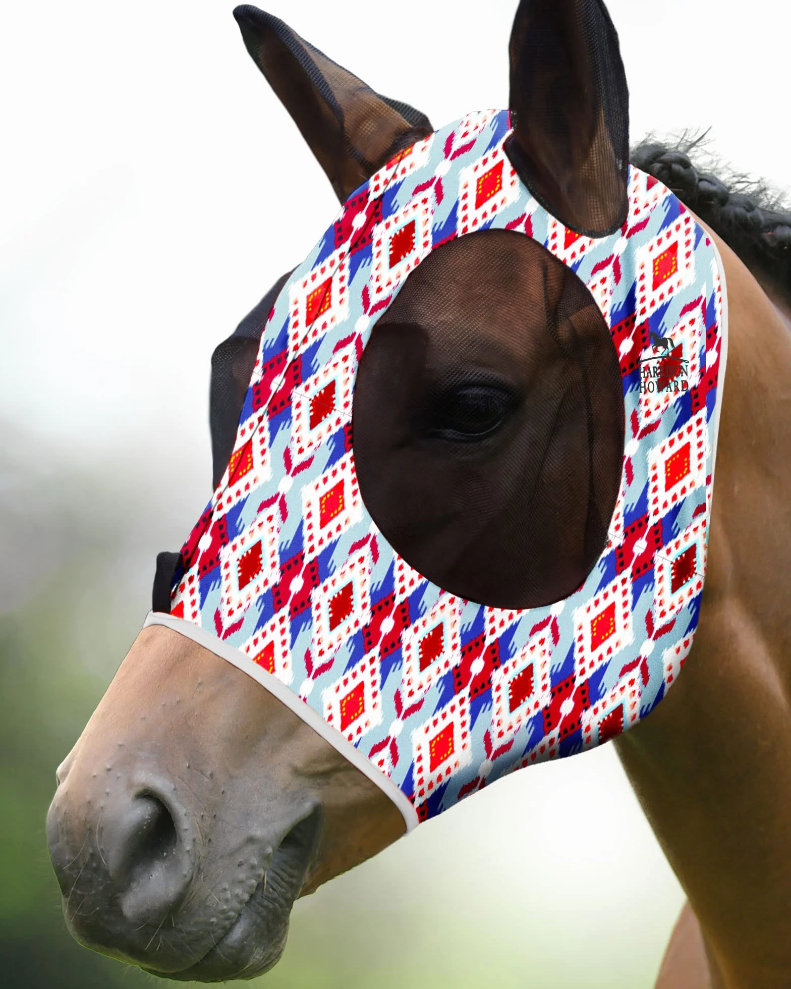 Harrison Howard Masque Anti-Mouches élastique pour Cheval - Confort Exceptionnel avec Protection UV - Masque Standard pour Cheval - Tribal Abstrait