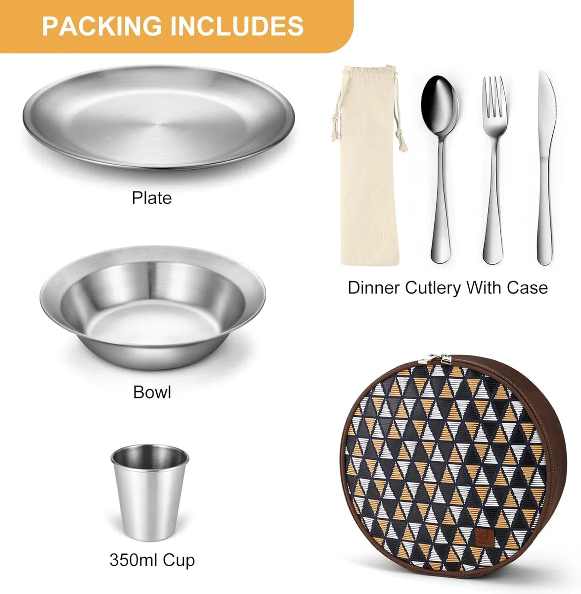 Odoland Set de Couverts Camping, Kit de Vaisselle en Acier Inoxydable Poli avec Assiette Bol Tasse Fourchette Cuillère Couteau Sac de Voyage Portable, pour Cuisine Camping Randonnée Pique-Nique