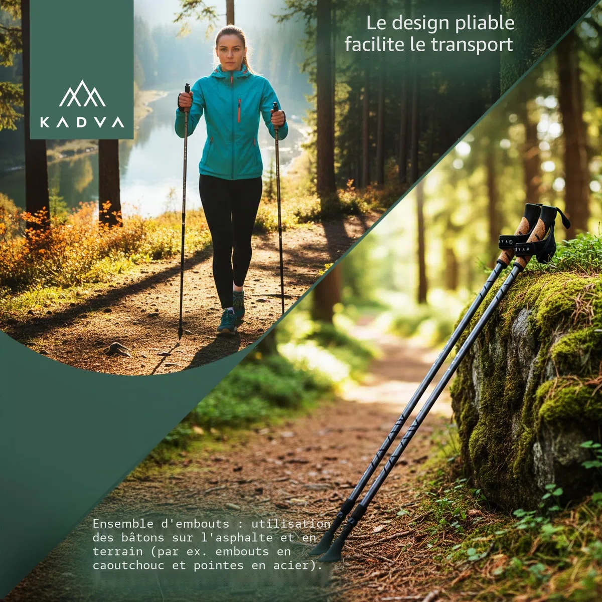 KADVA Bâtons de Marche Nordique Nordic Walking ARUKU Couleur Noir avec Taille Réglable 83-135 cm Système de Blocage Rotatif Twist Lock pour la stabilité et la sécurité