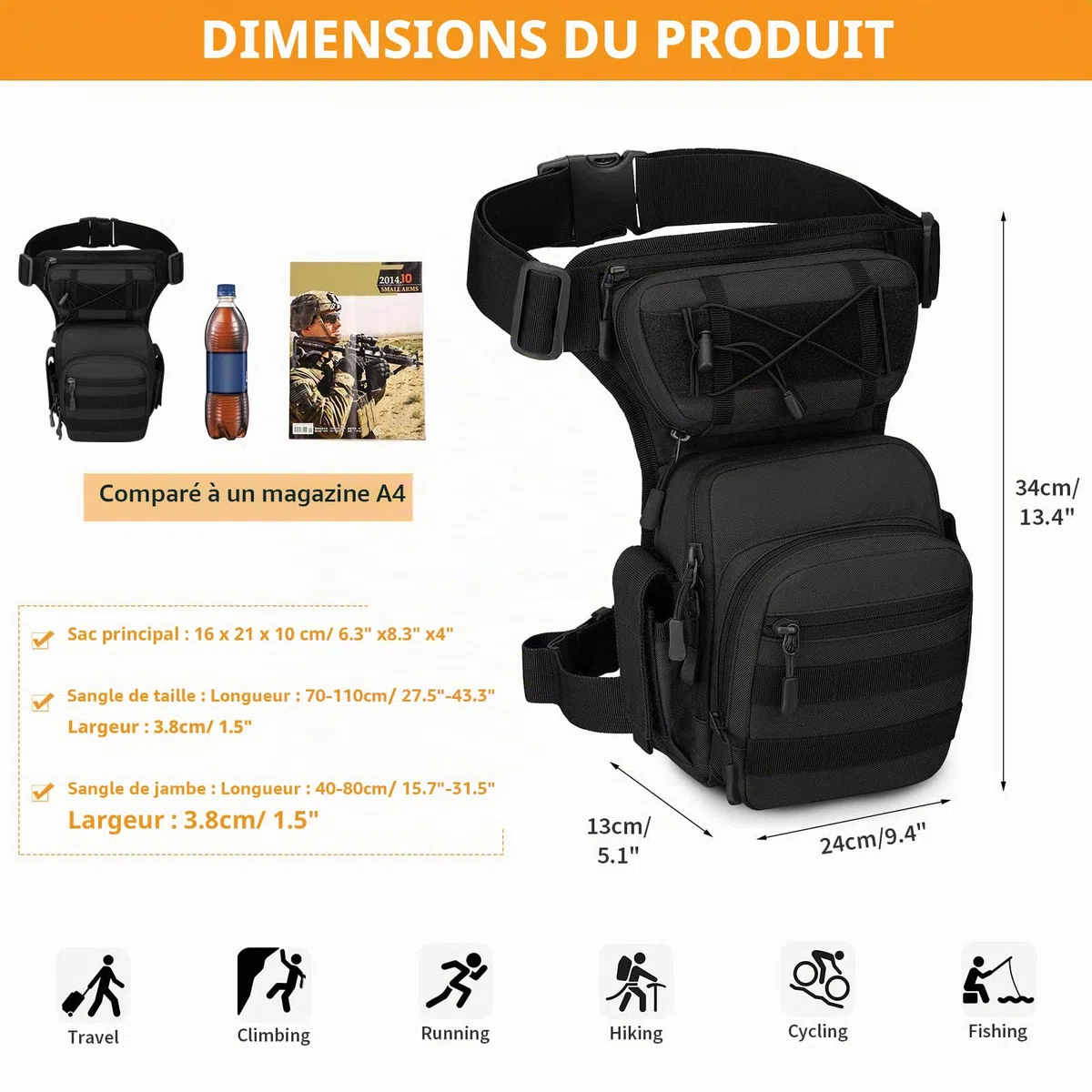 Huntvp Sacoche de Jambe imperméable pour Homme pour la Chasse, la Course, la randonnée, Le Cyclisme, Le Camping