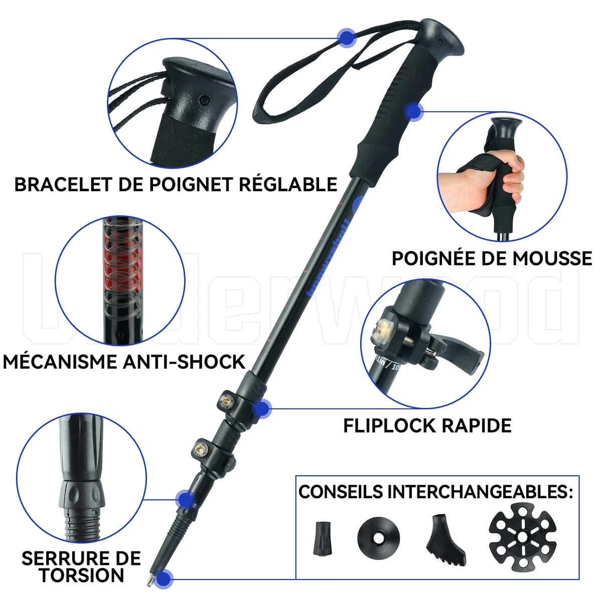 Bâton de Randonnée pour Femme et Homme, Bâton de Nordique 1/2 pièce pour Le Trekking, Bâton de Marche en Aluminium 60-135 cm, Bâton de Marche Réglable avec Absorption Anti-Choc