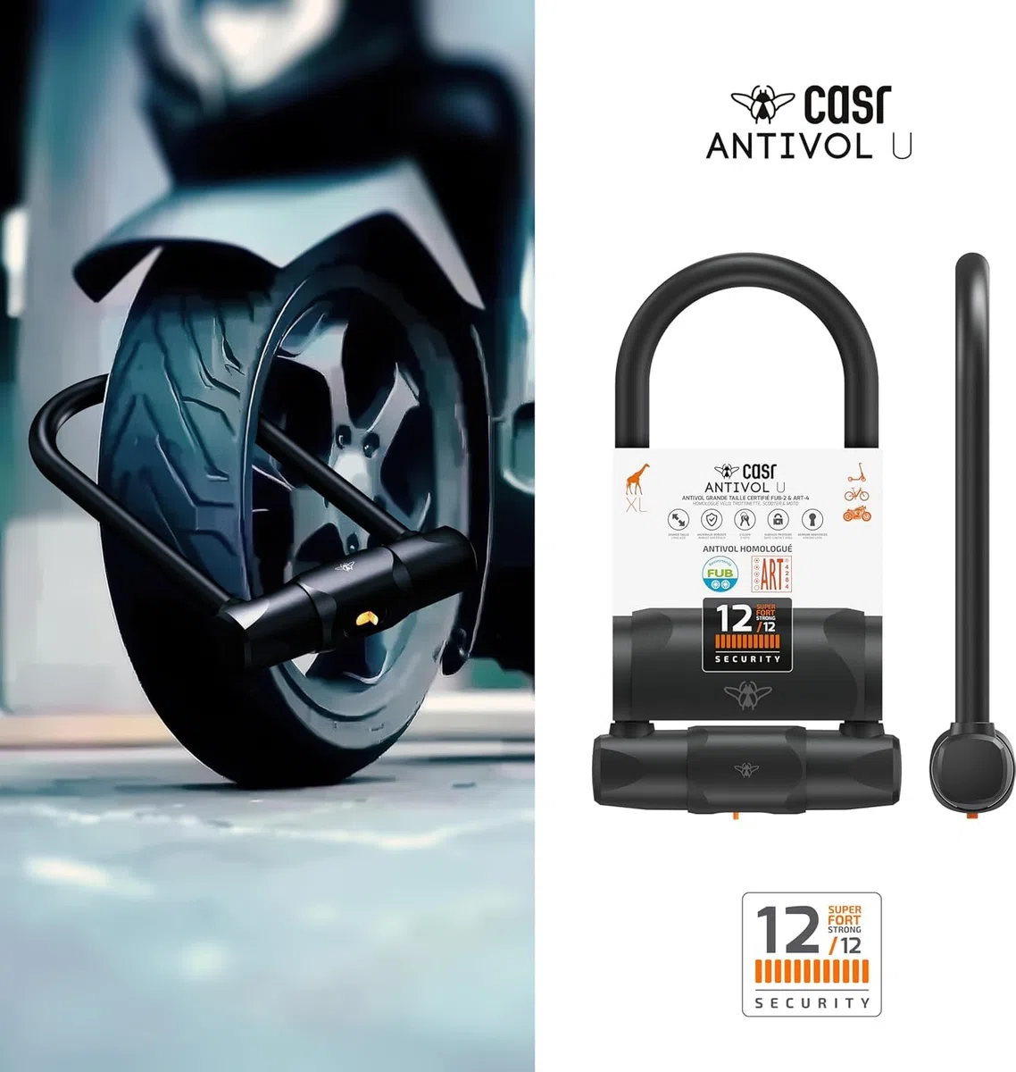 CASR Antivol U XL - Cadenas à Clé Certifié FUB 2 Roues - Acier Trempé Robuste Anti-Corrosion - Universel Vélo, Moto, Trottinette électrique - Protection Haute Sécurité