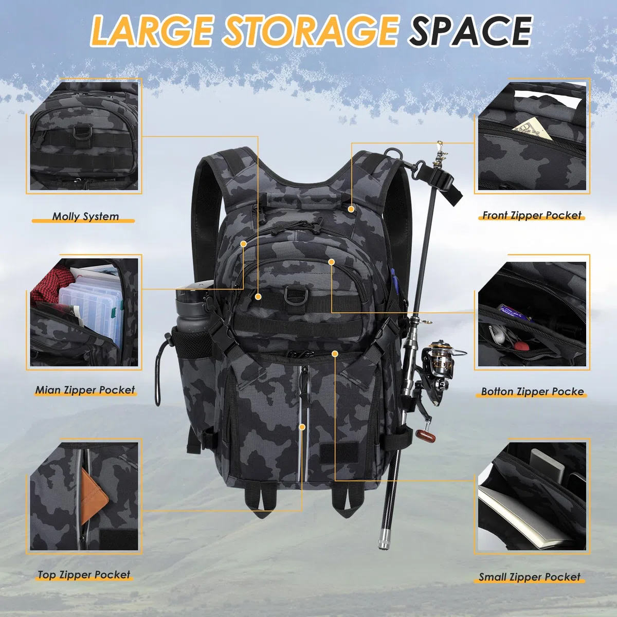 40L Sac à Dos de Pêche avec Porte Canne, Grande Capacité Sac à Dos de matériel Pêche Multiple Poches Sac à Dos Tactique Résistant à l'eau Sac de Rangement pour Randonnée Chasse Camping Voyages