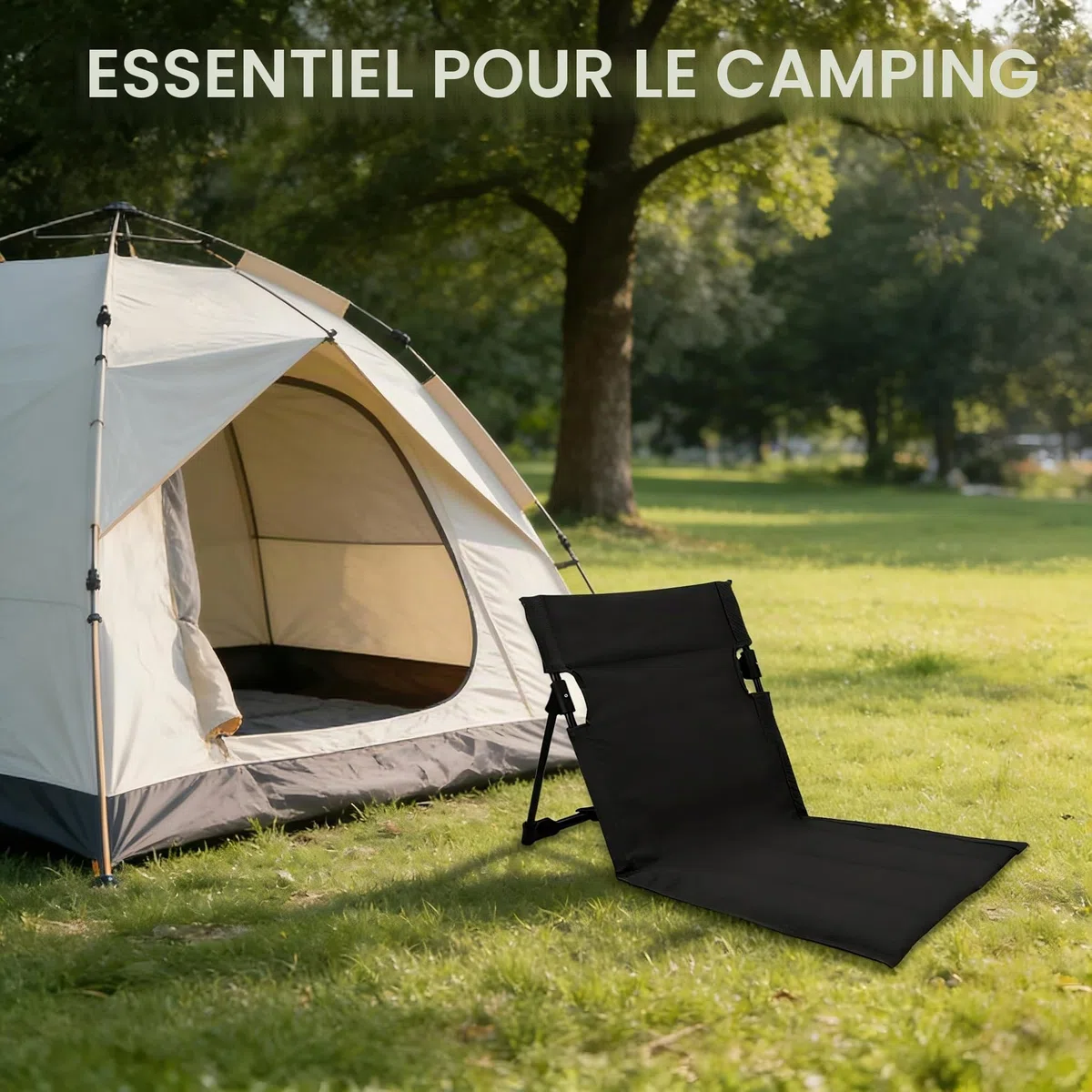 Chaise de sol avec dossier, natte de plage, fauteuil pliant, panier de plage, siège portable pour camping, pique-nique, activités de plein air, chaise de sol avec support (noir)