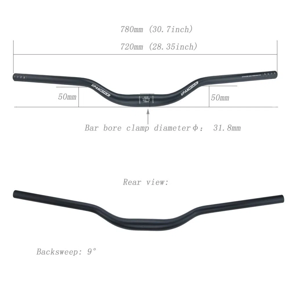 UPANBIKE VTT vélo Extra Long guidon φ31.8mm 720mm / 780mm Riser Bar(Noir, 780mm)