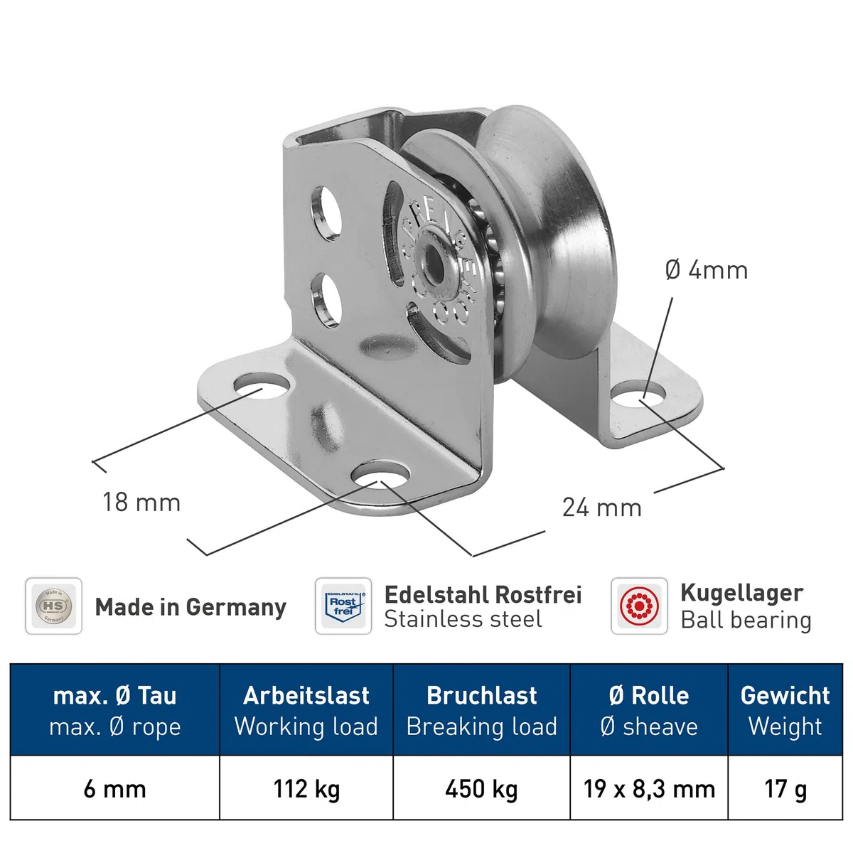 Sprenger Poulie Micro XS, 1 Rouleau en Acier Inoxydable