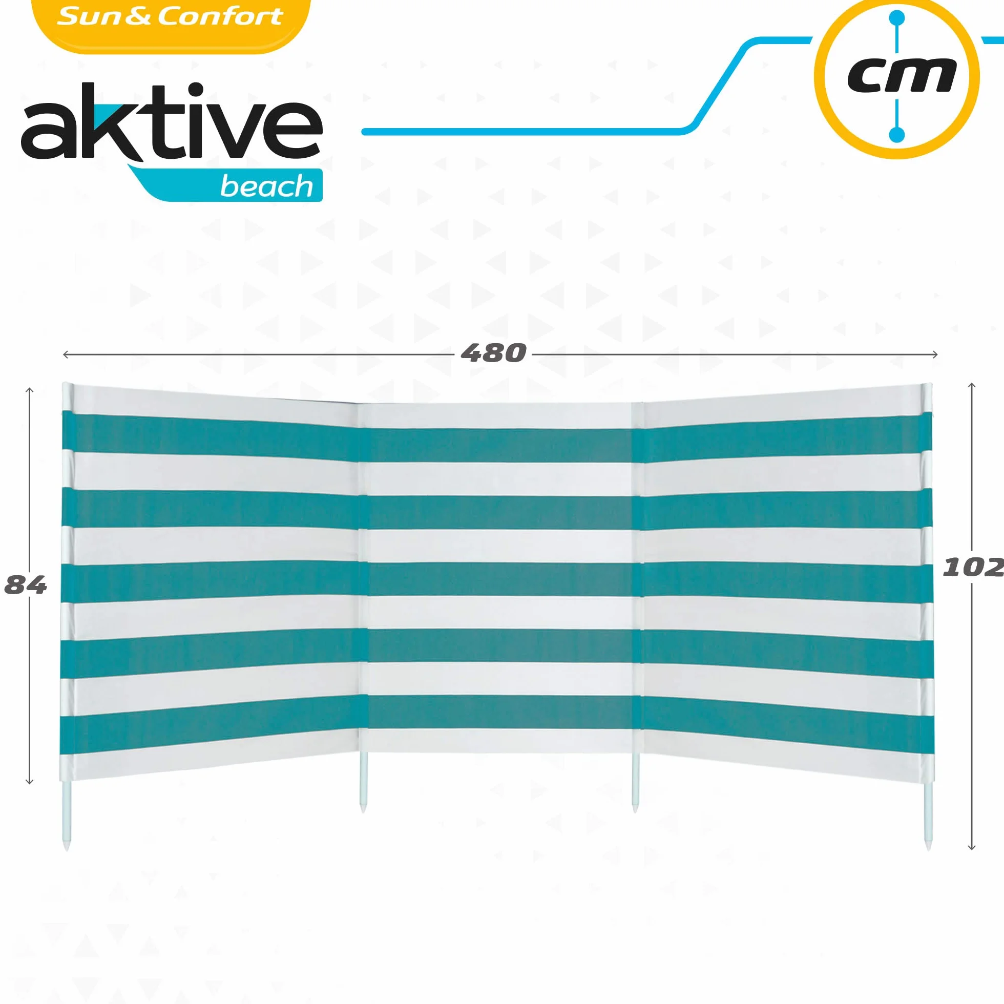 AKTIVE Beach - Paravent Plage en Polyester avec Tiges en Acier, Paravent Extérieur 2 Places, Polyester, avec Sac de Transport, 480 X 84 cm, Bleu Lisse ou Blanc avec Rayures Vert Eau