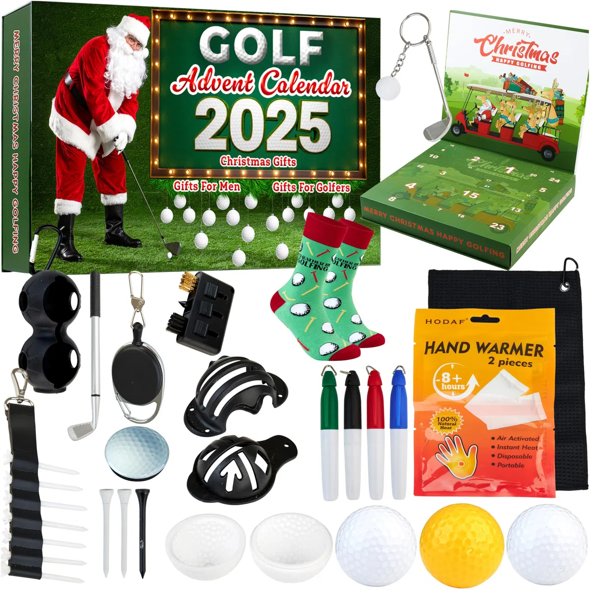 KreativeKraft Calendrier de l'Avent 2025 pour Golfeurs Calendrier Compte à Rebours Noel 24 Accessoires Golf Chaussettes Serviette Cadeau Homme