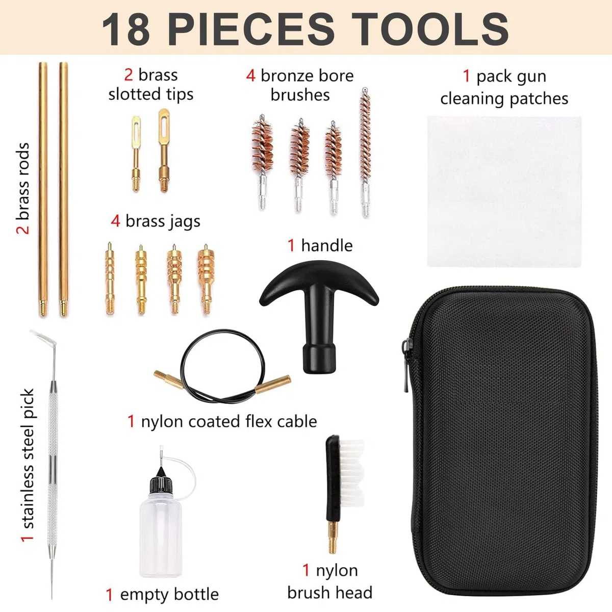 Kit de Nettoyage Armes Universel 16 Pièces, pour Calibres .22 .357 .38 9mm .40 .45, avec Brosses Bronze Phosphoreux & Adaptateurs Laiton, Set Nettoyage pour Armes de Poing