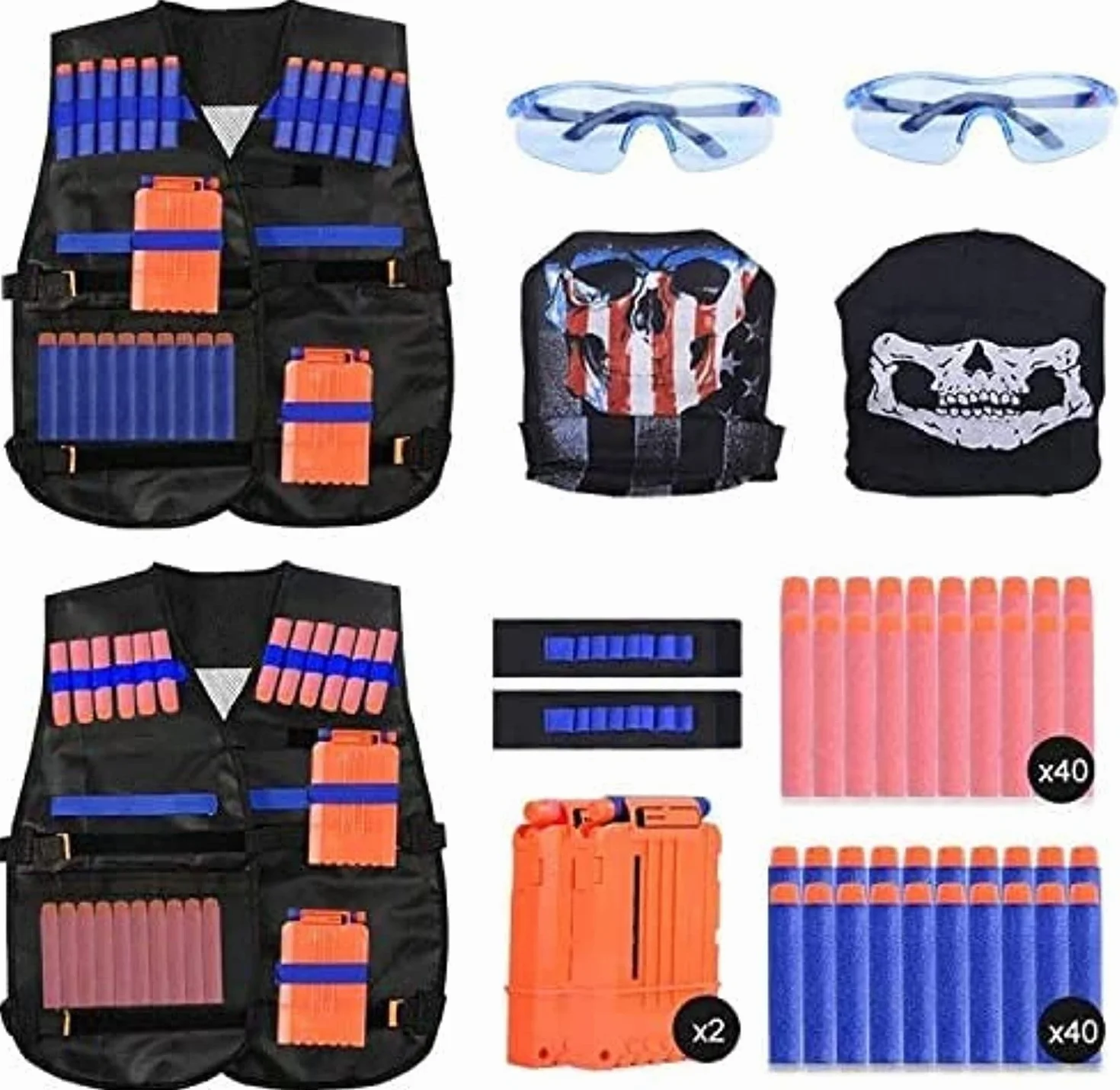 EXTSUD 90pcs Gilet Tactique Enfants pour Nerf N-Strike Elite Series avec 80 Fléchettes+2 Chargeurs Fléchettes+2 Gilet Tactique+2 Masque Facial Tactique+2 Bande Poignet+2 Lunettes Protection
