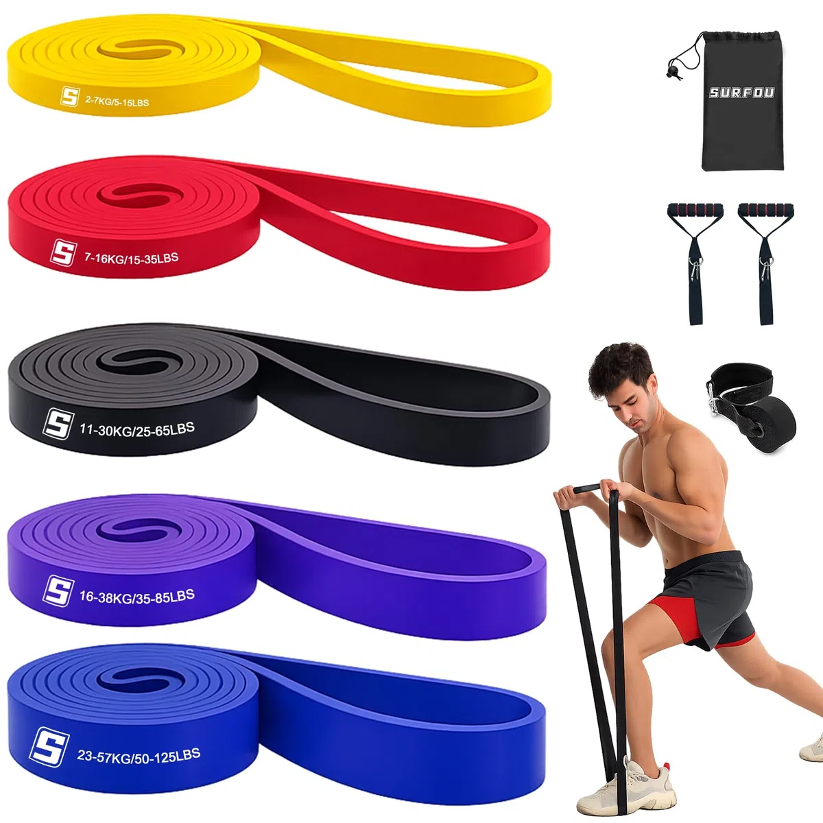 SURFOU Elastique Musculation 4 Niveaux, Bande avec Sac de Transport, Guide d’Exercice, avec Ancre de Porte et 2 Poignées – Parfaite pour Fitness, Yoga, Pilates