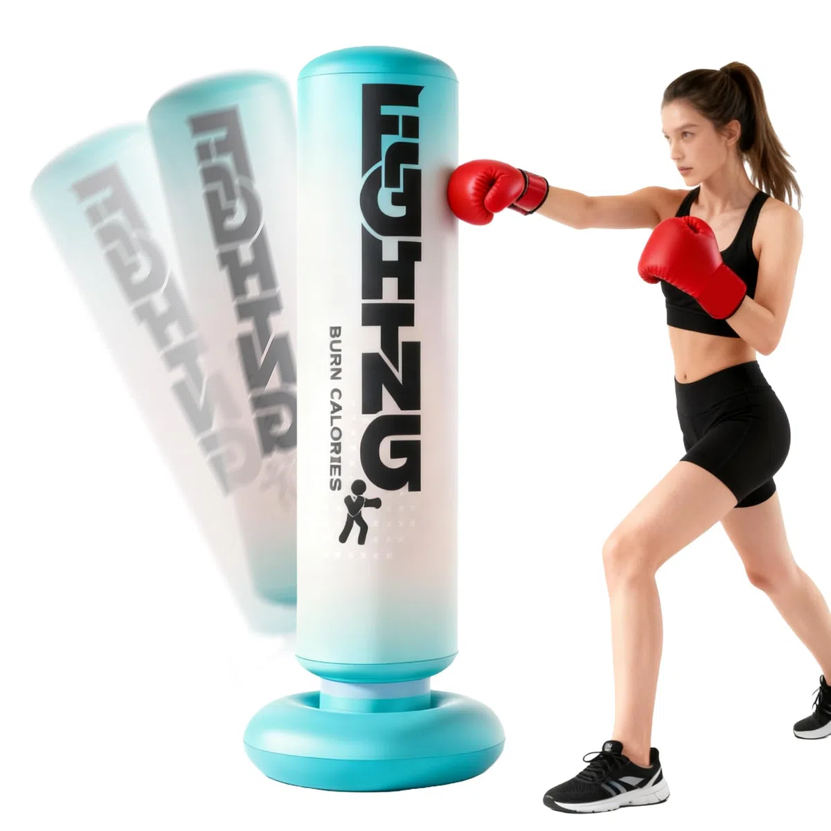 Sac de frappe debout de 180 cm avec gants de boxe en polyuréthane – Sac de frappe sur pied pour adolescents et adultes, sac de frappe pour l'entraînement de boxe à la maison, le kickboxing, le MMA, le